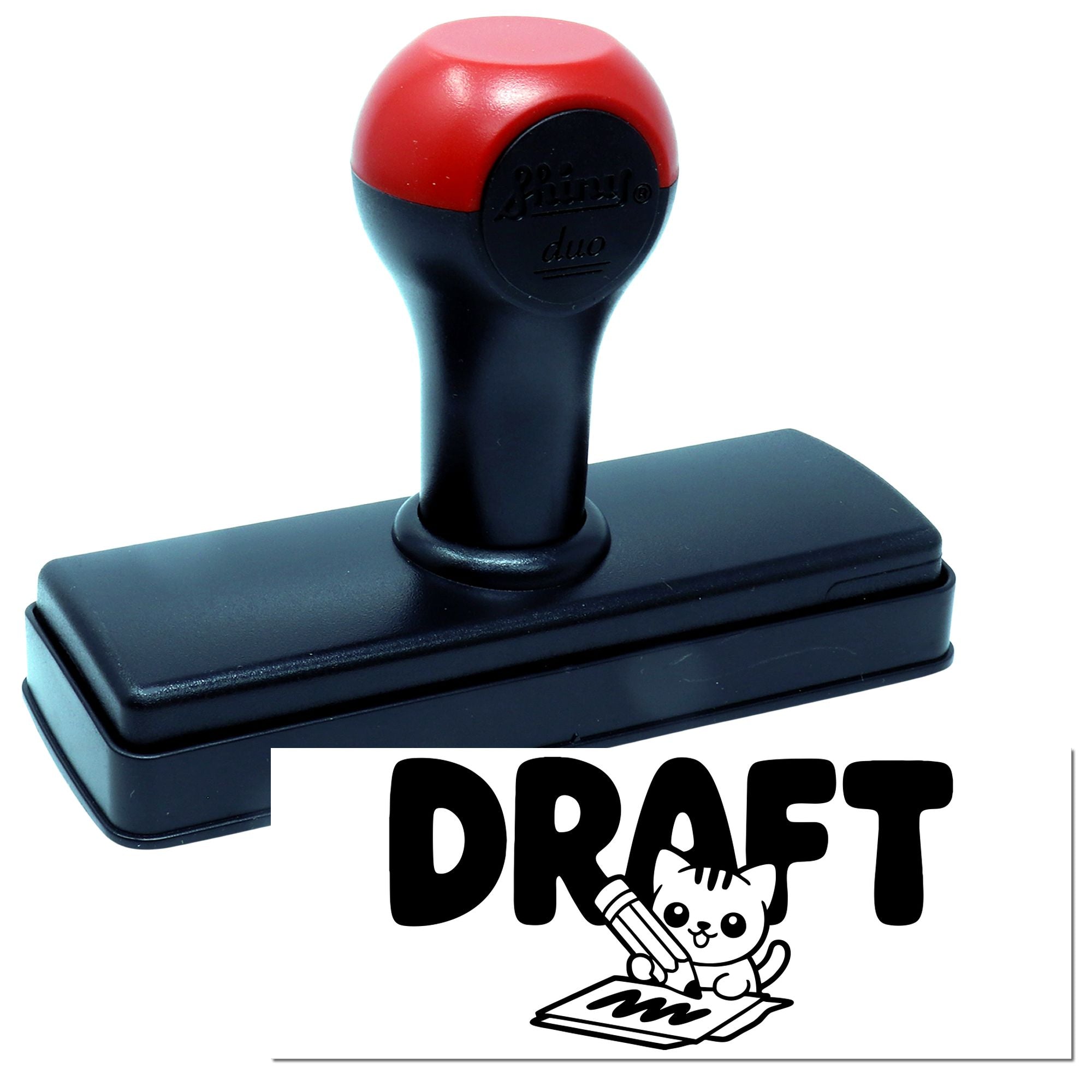 Red-and-black self-inking rubber stamp with black base and DRAFT seal graphic on white background.