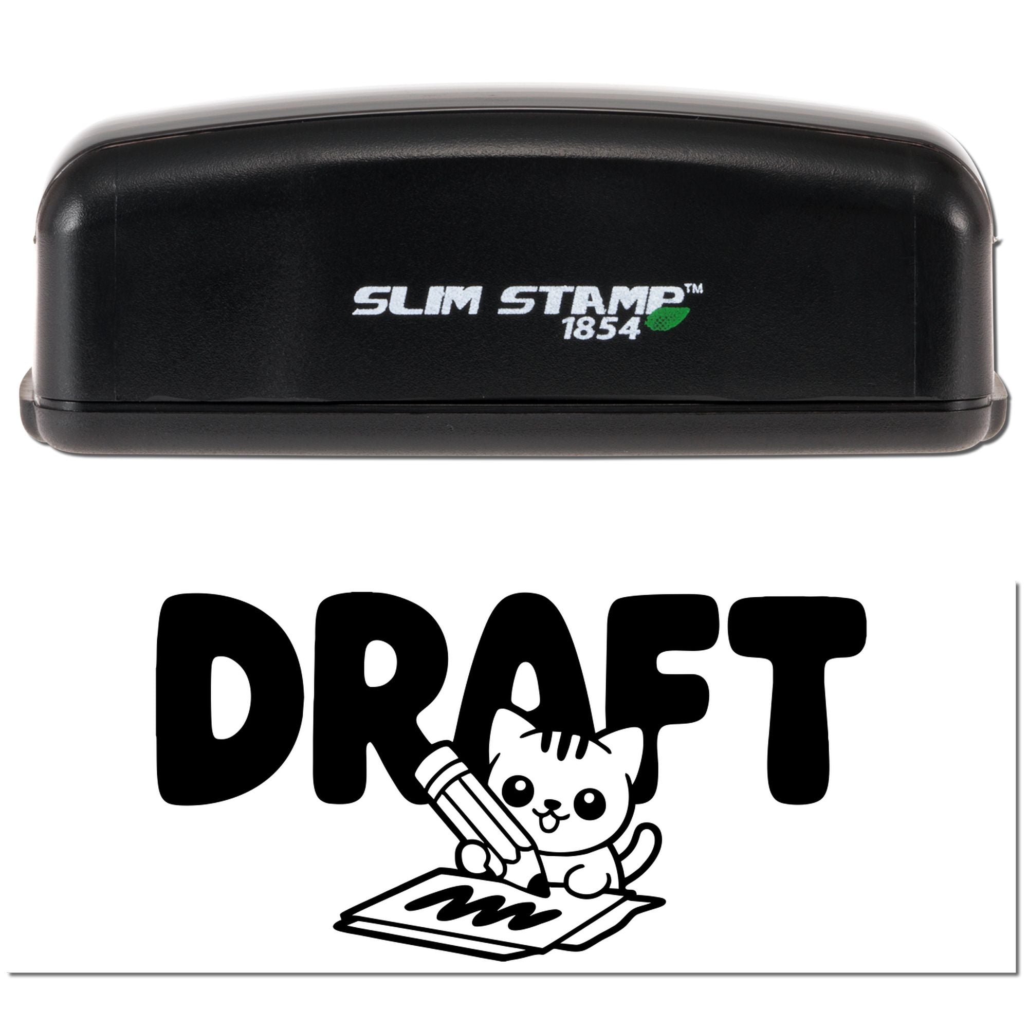 Black Slim Stamp 1854 self-inking stamp and draft seal design with bold lettering and cat holding a pencil.