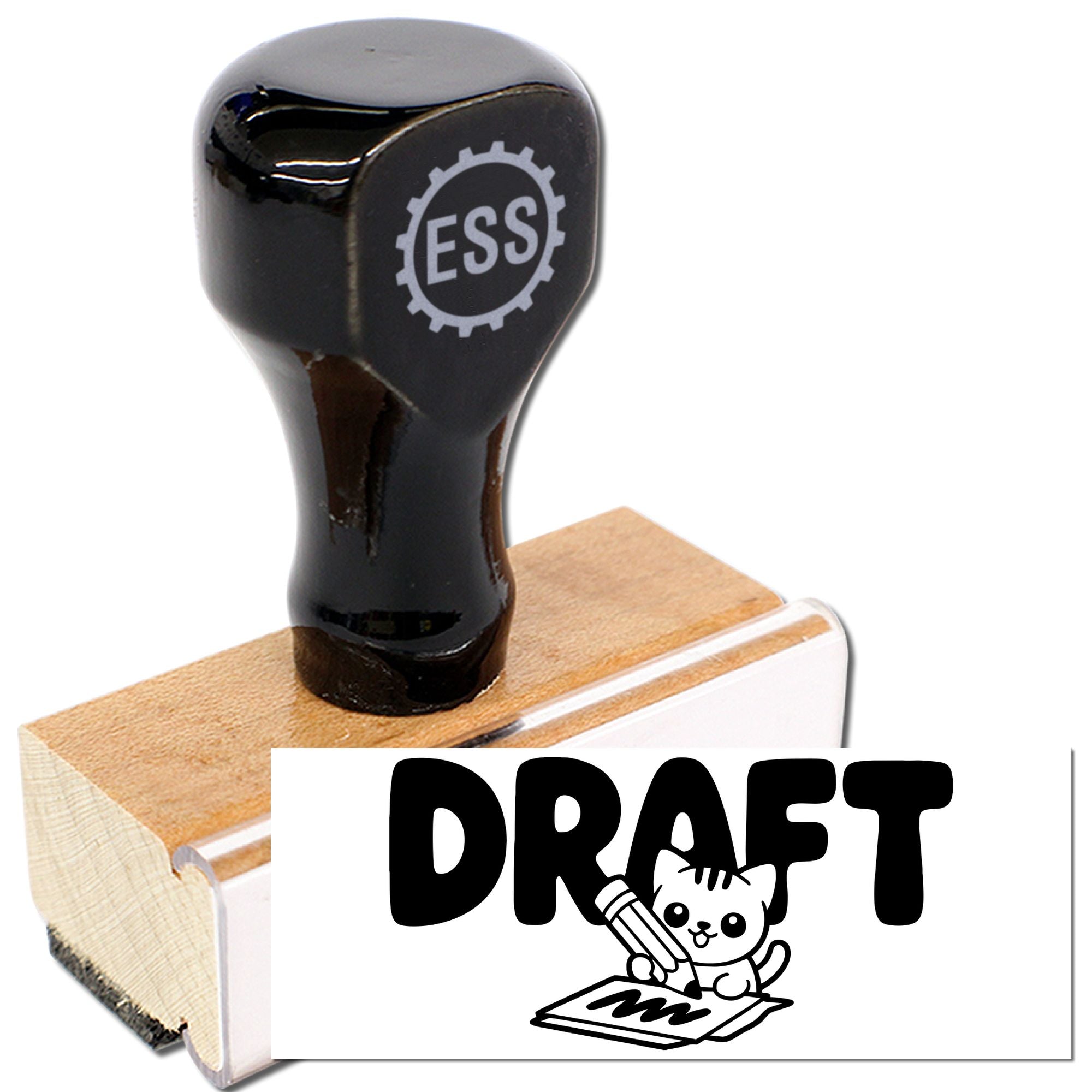 Black ESS rubber stamp on wooden block, featuring a DRAFT cat seal design.