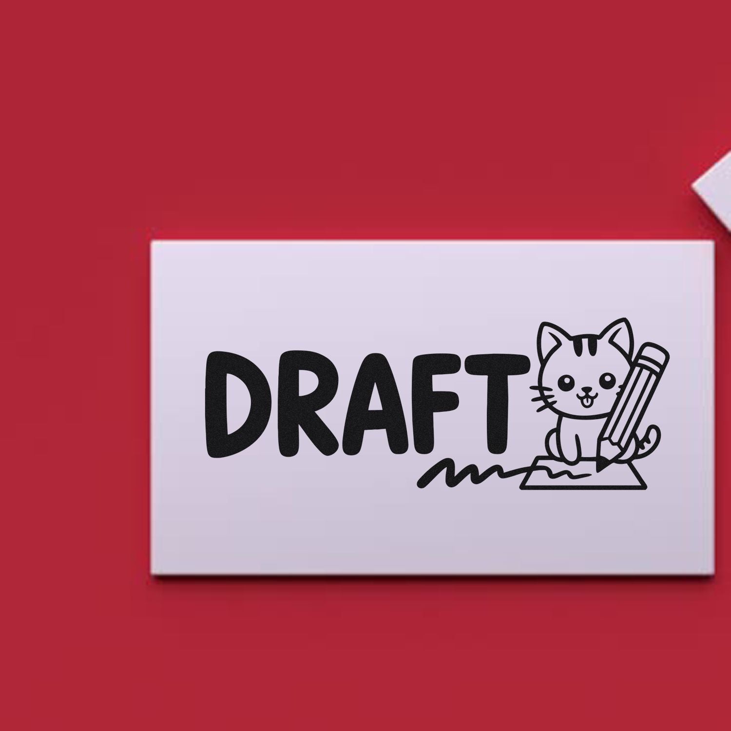White draft rubber stamp seal with black cat holding a pencil on red background