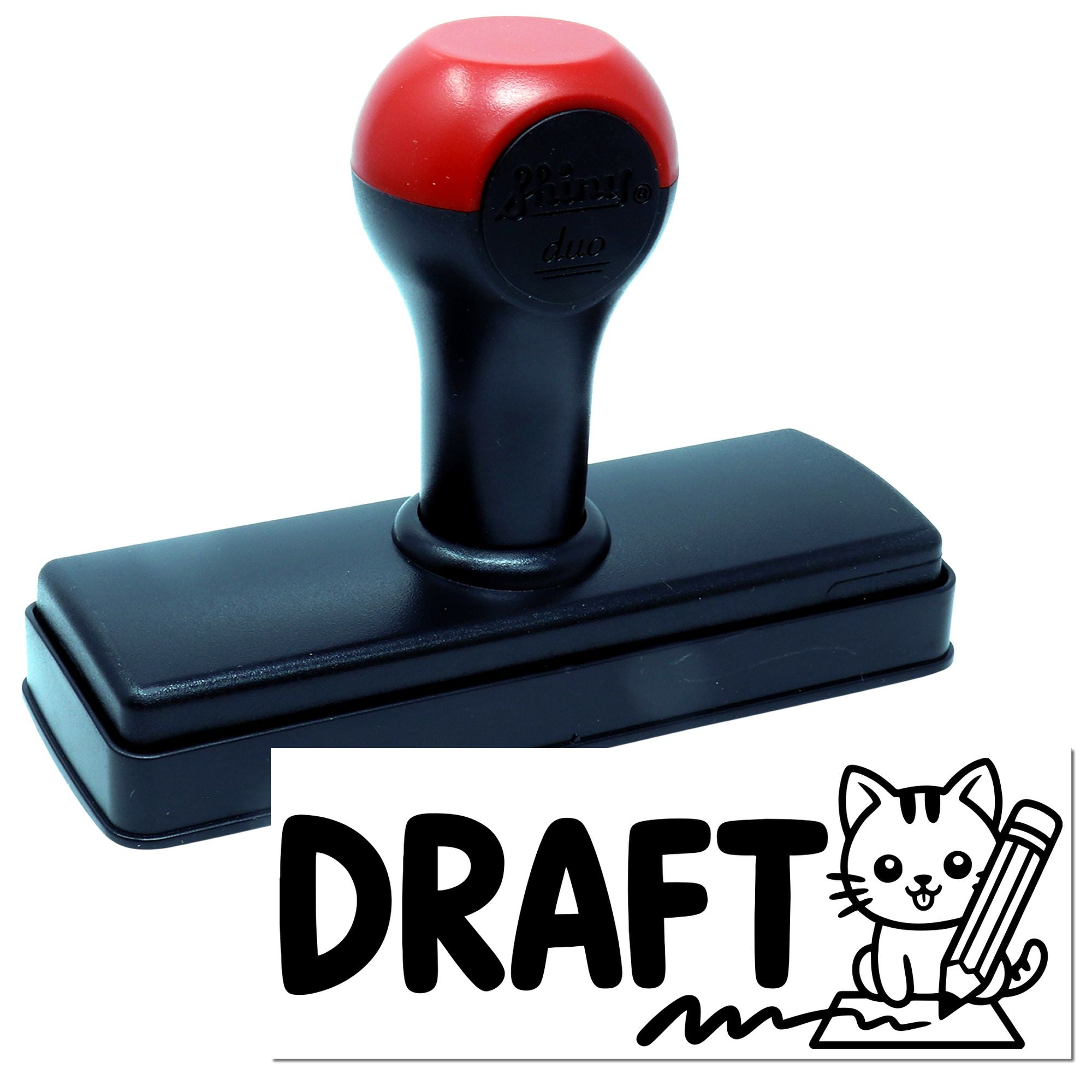 Red and black self-inking stamp and seal with rectangular base and bold DRAFT logo.