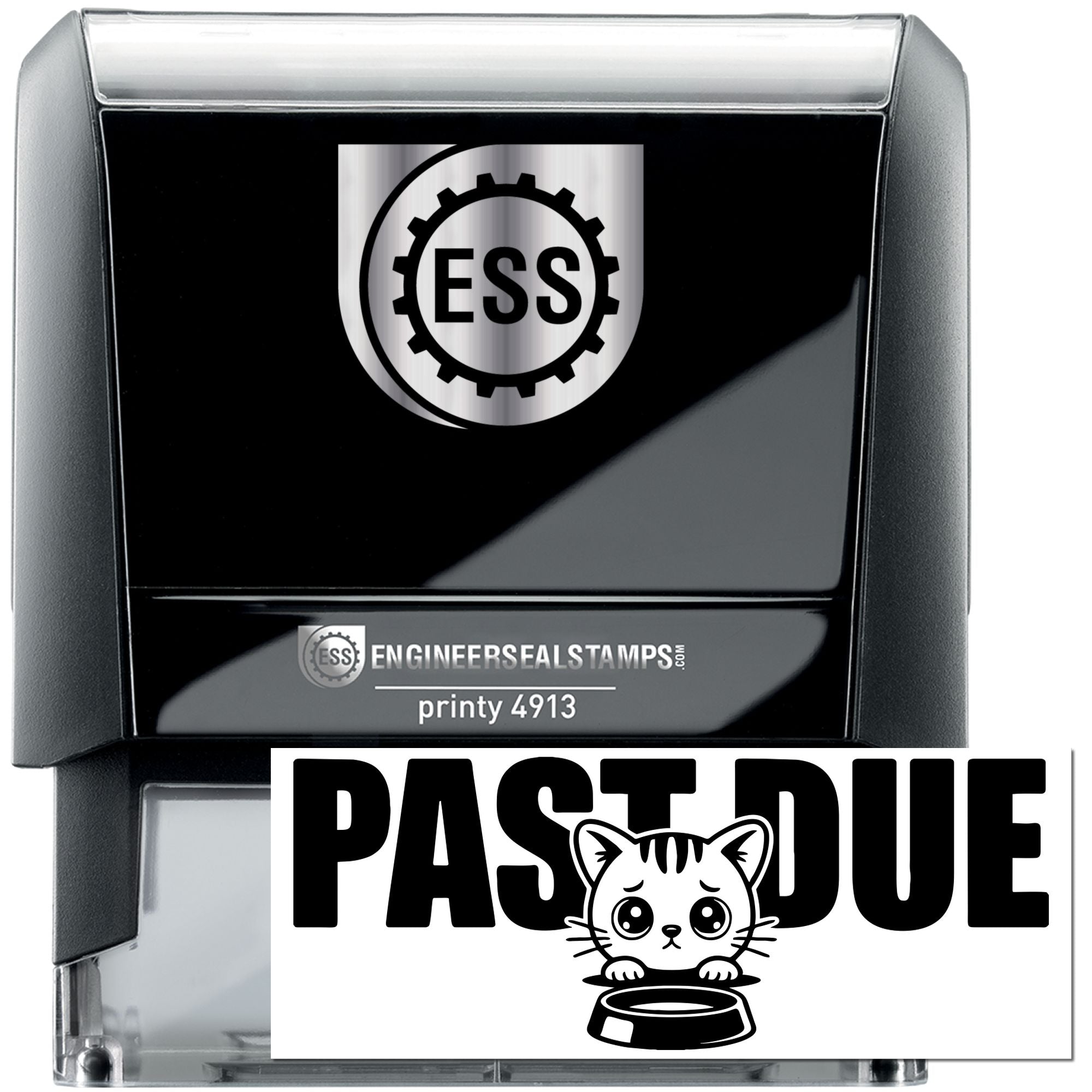 Black self-inking ESS engineer seal stamp with silver top, showing a bold PAST DUE cat design.