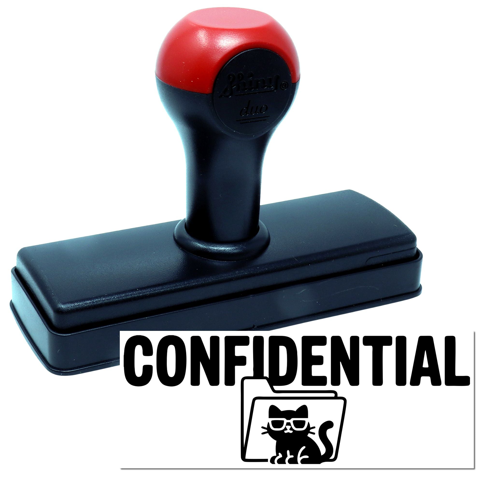 Red-and-black self-inking stamp and seal with black base and confidential cat-folder design.