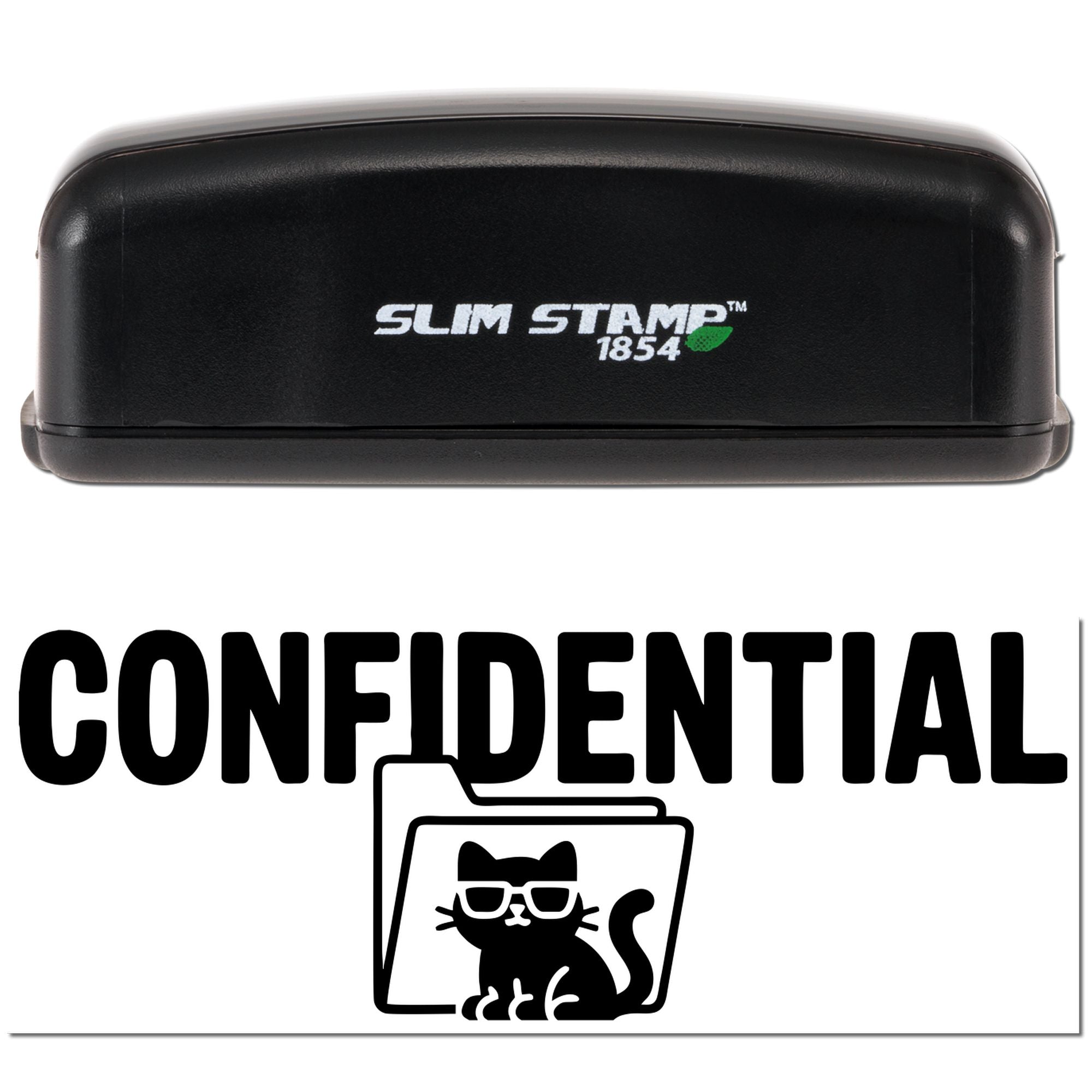Black Slim Stamp 1854 confidential stamp and seal with green leaf logo and cat-in-folder icon on white background.