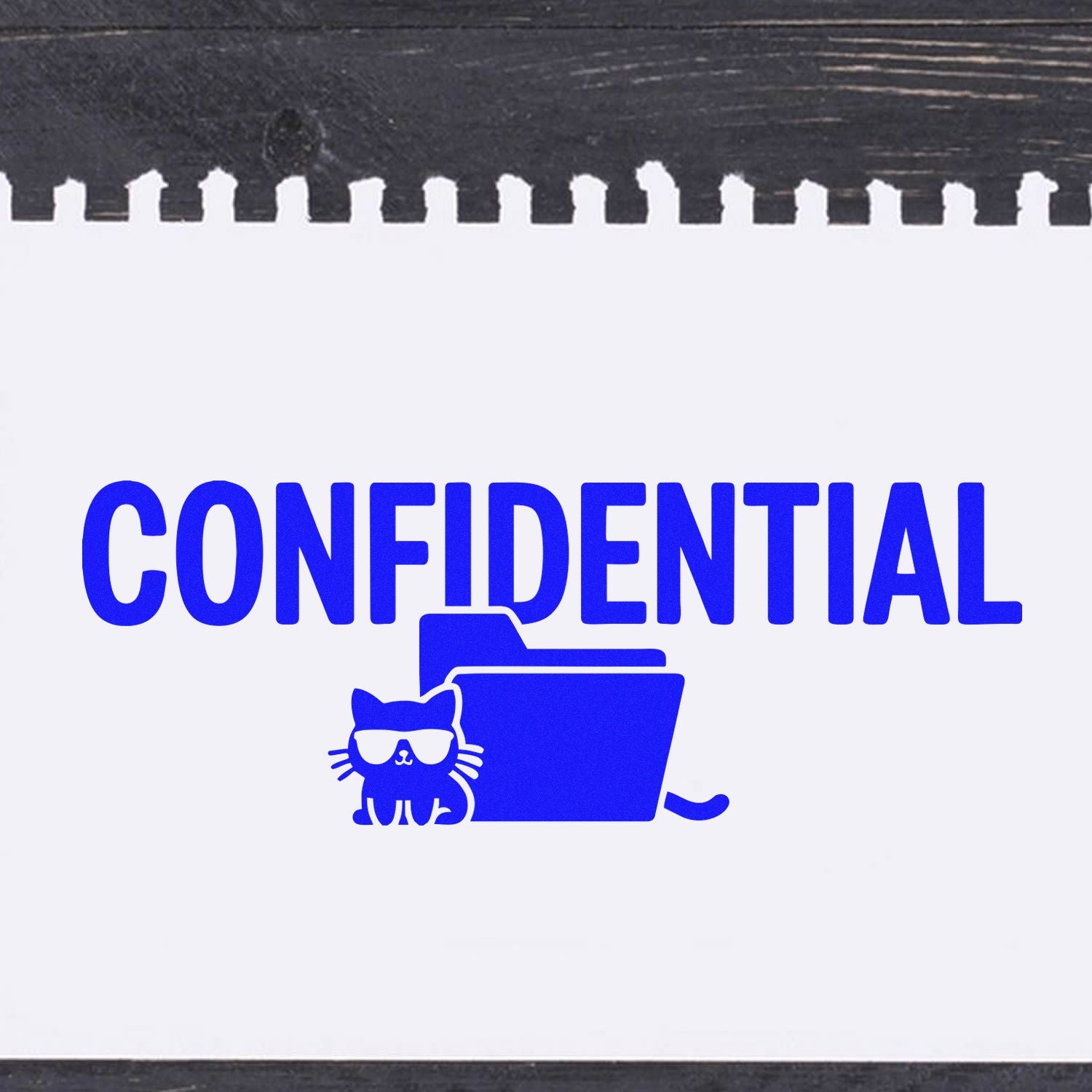 Blue confidential stamp and seal design with folder and cat icon on a white background with black edge.