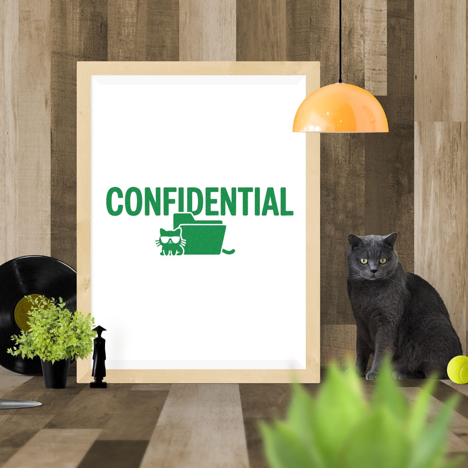 Green confidential stamp and seal design with cat folder icon on white board, wood wall, orange pendant lamp, and black cat.