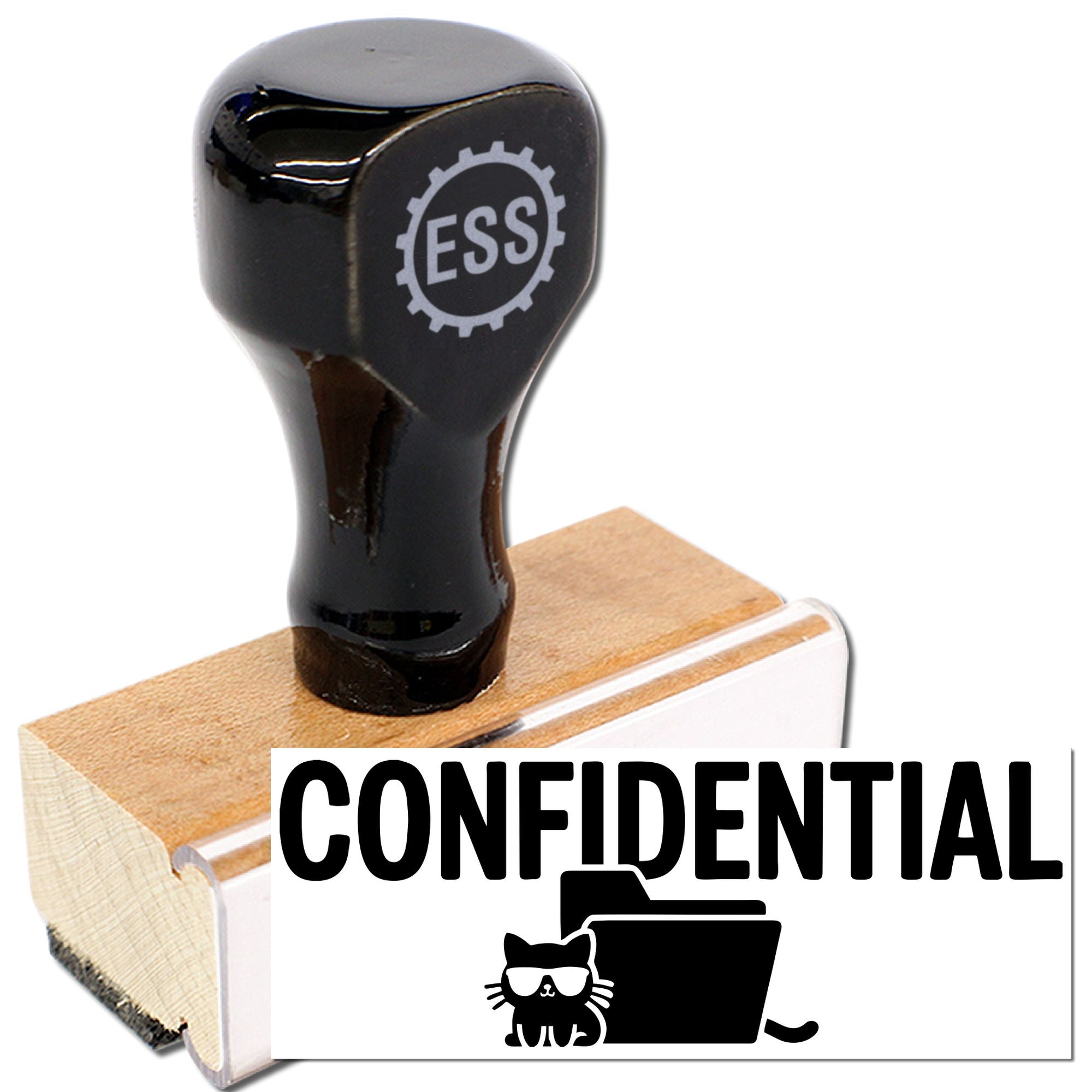 Black ESS rubber stamp on wooden block with CONFIDENTIAL seal, folder icon, and cat logo in black and tan.