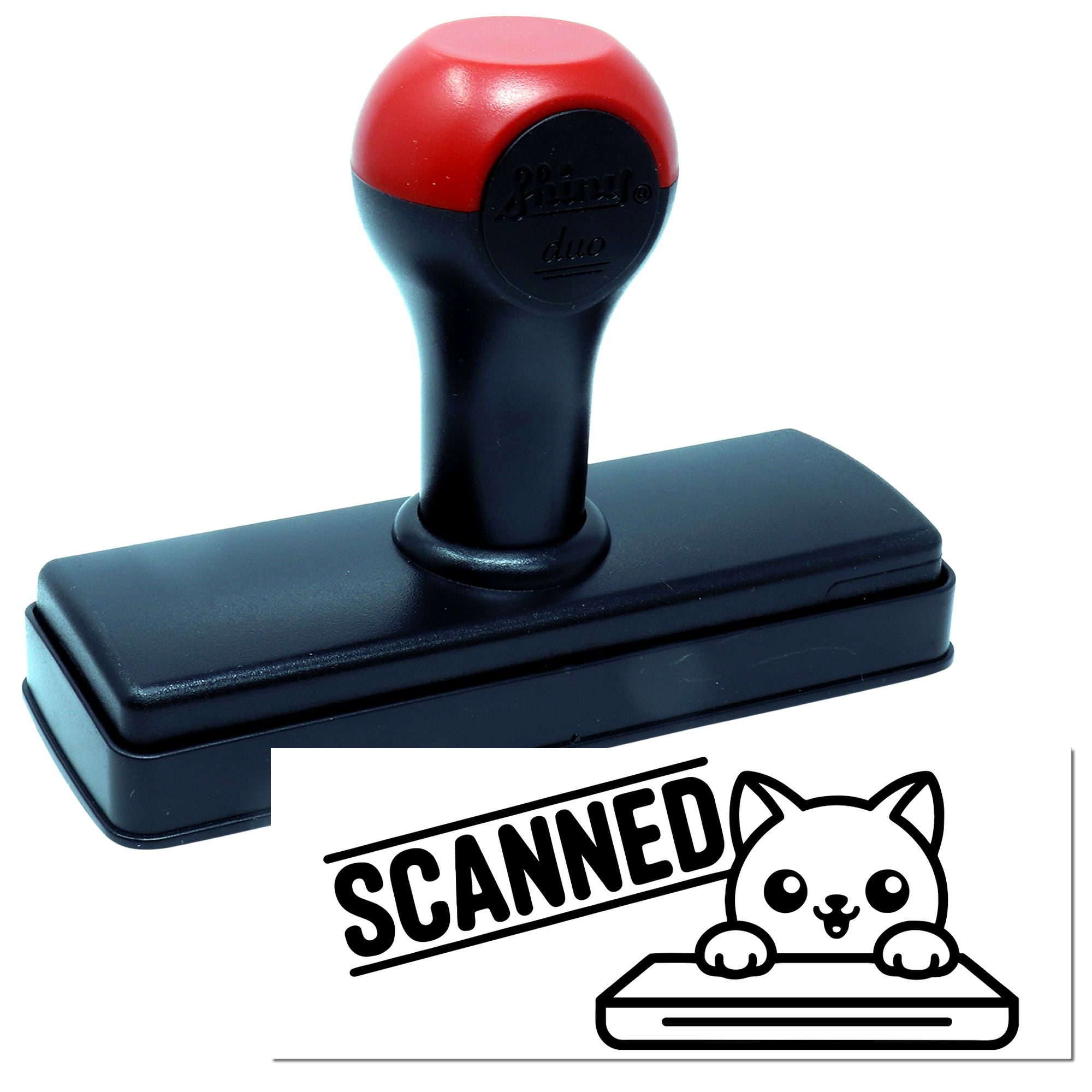 Red and black self-inking stamp with rectangular base and SCANNED seal graphic with cat icon