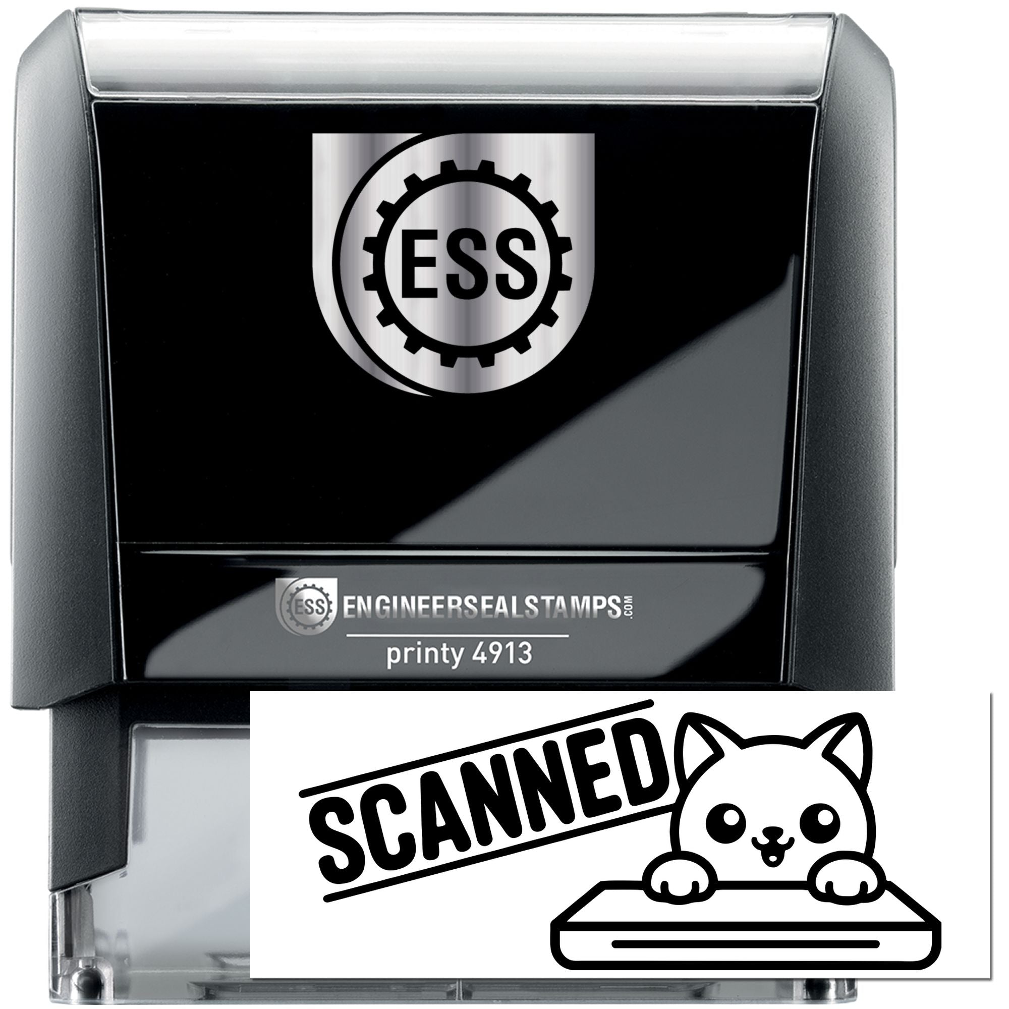 Black ESS self-inking stamp and scanned seal, black and silver with bold SCANNED cat graphic.