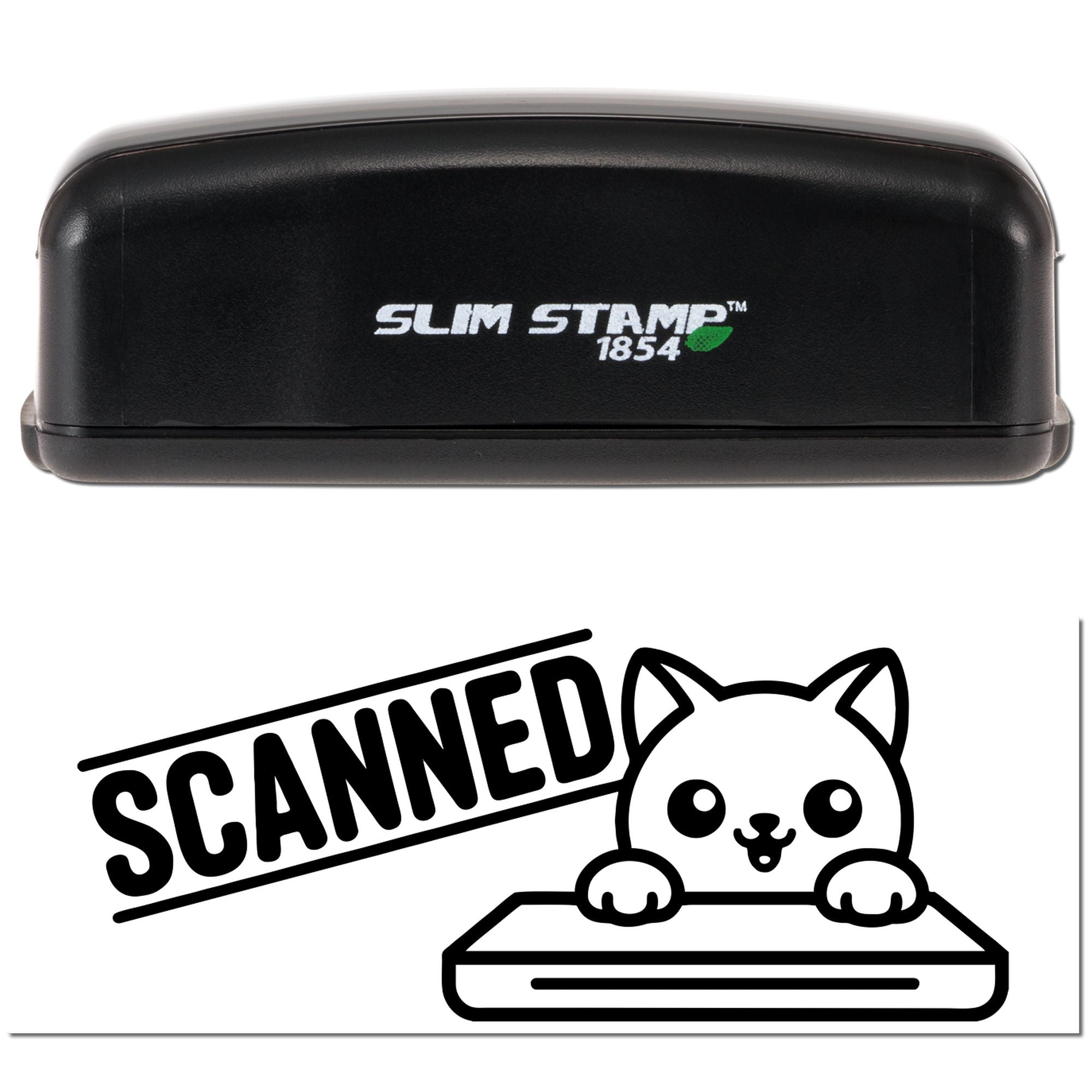 Black Slim Stamp 1854 stamp and seal device with green logo, shown above a black cat SCANNED seal design.