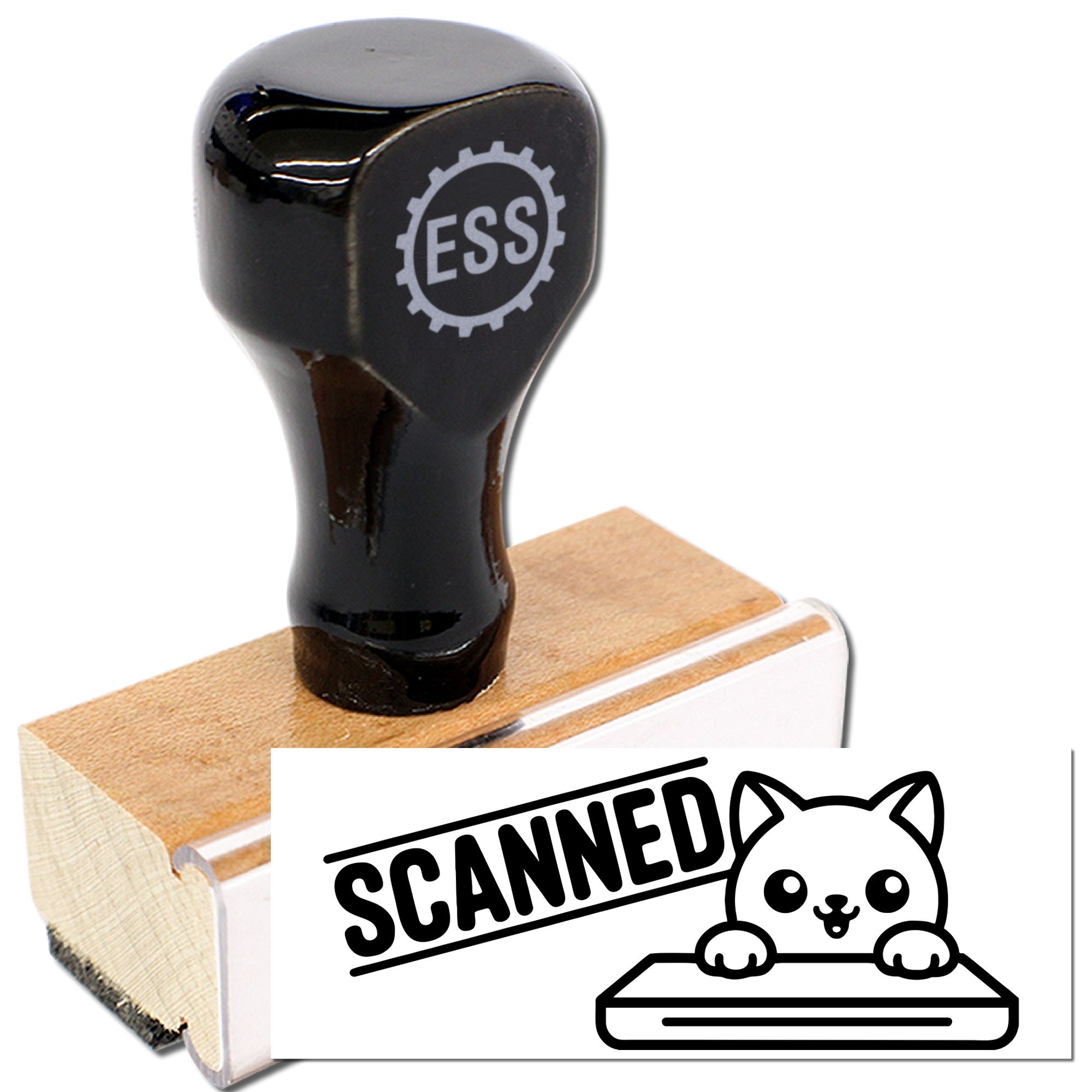 Black custom rubber stamp and seal on wooden handle, with ESS logo and bold SCANNED cat imprint