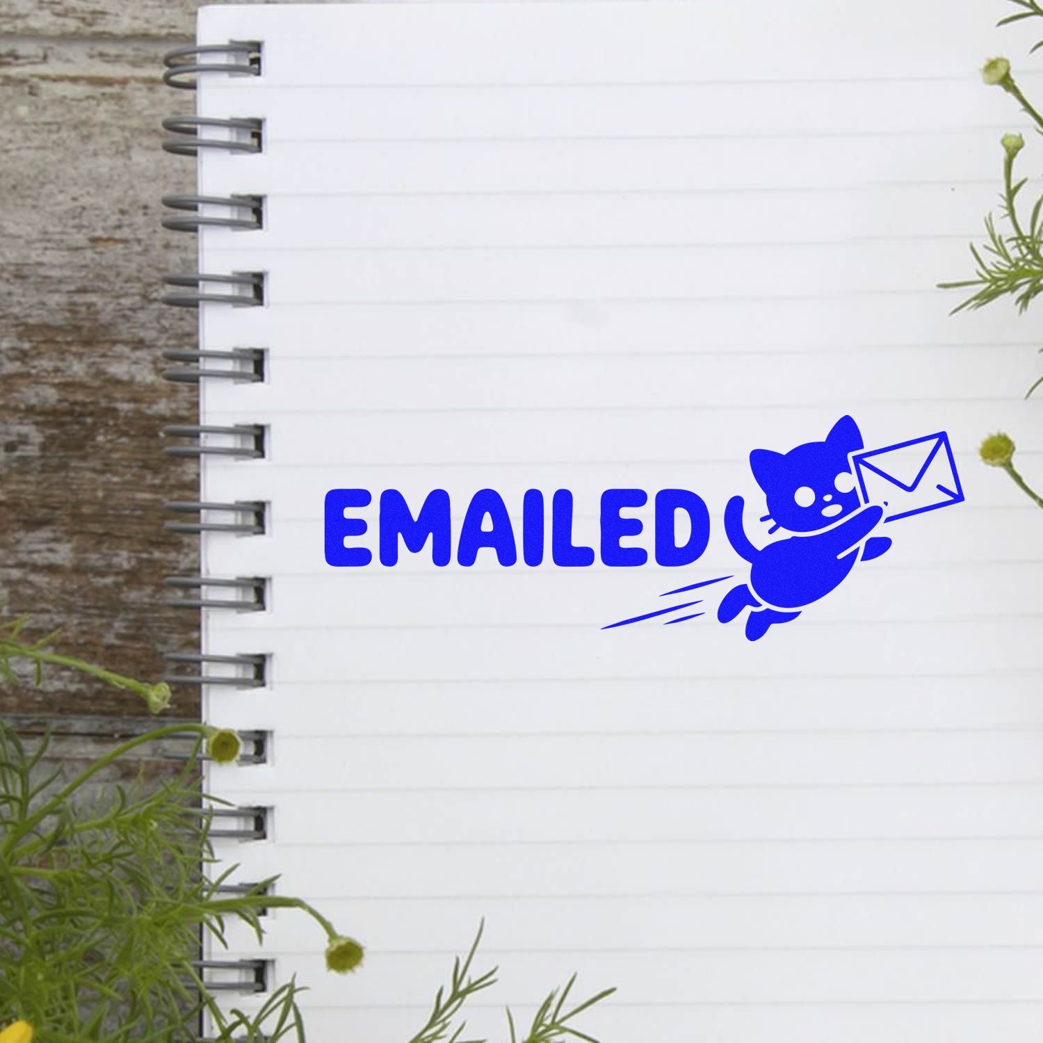 Blue EMAILED rubber stamp and seal with cat carrying an envelope on a white spiral notebook page