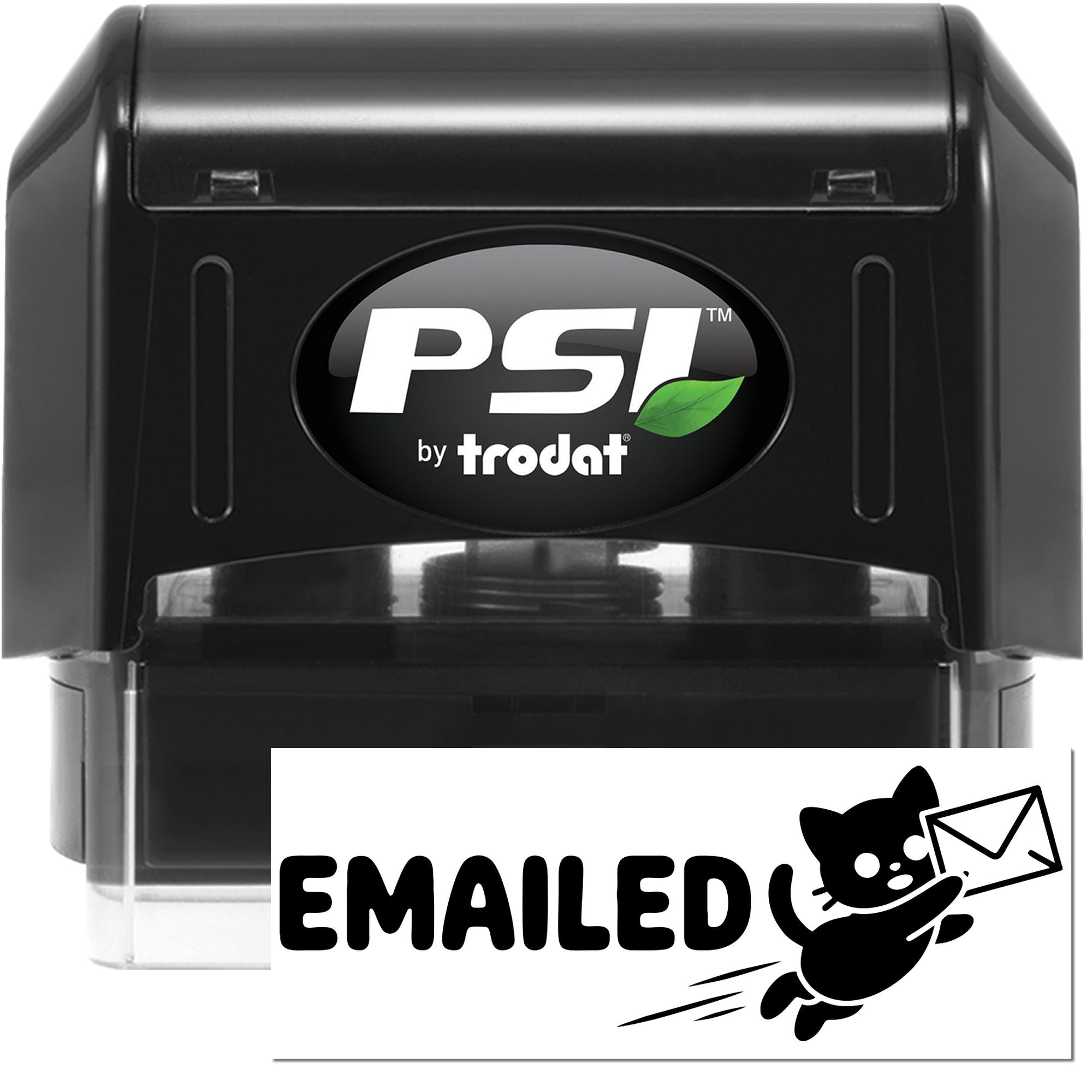 Black PSI by Trodat self-inking stamp and seal with white EMAILED text and cat-envelope icon.