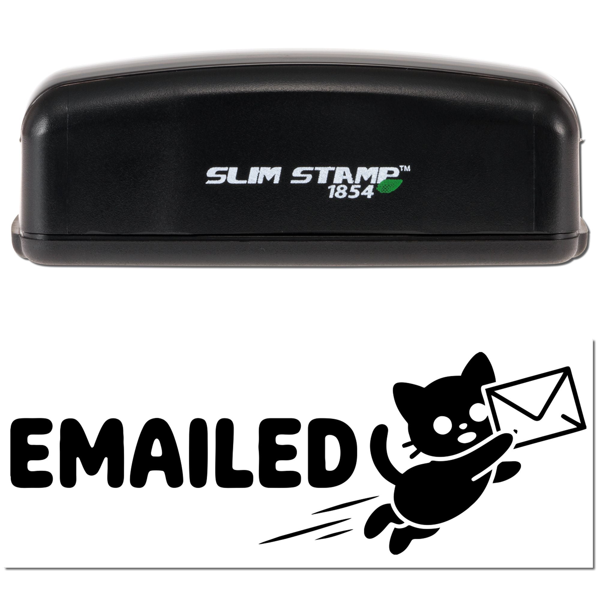 Black Slim Stamp 1854 self-inking stamp and seal with Emailed cat-and-envelope icon on white background