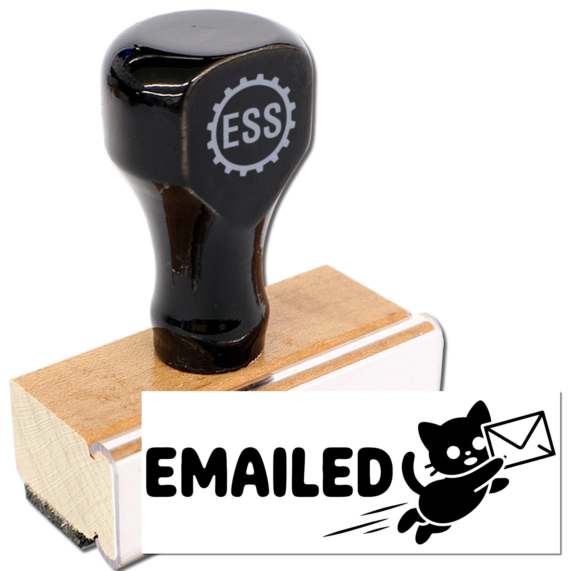 Black custom rubber stamp and seal on wood base with EMAILED text and cat-mail icon, white background.