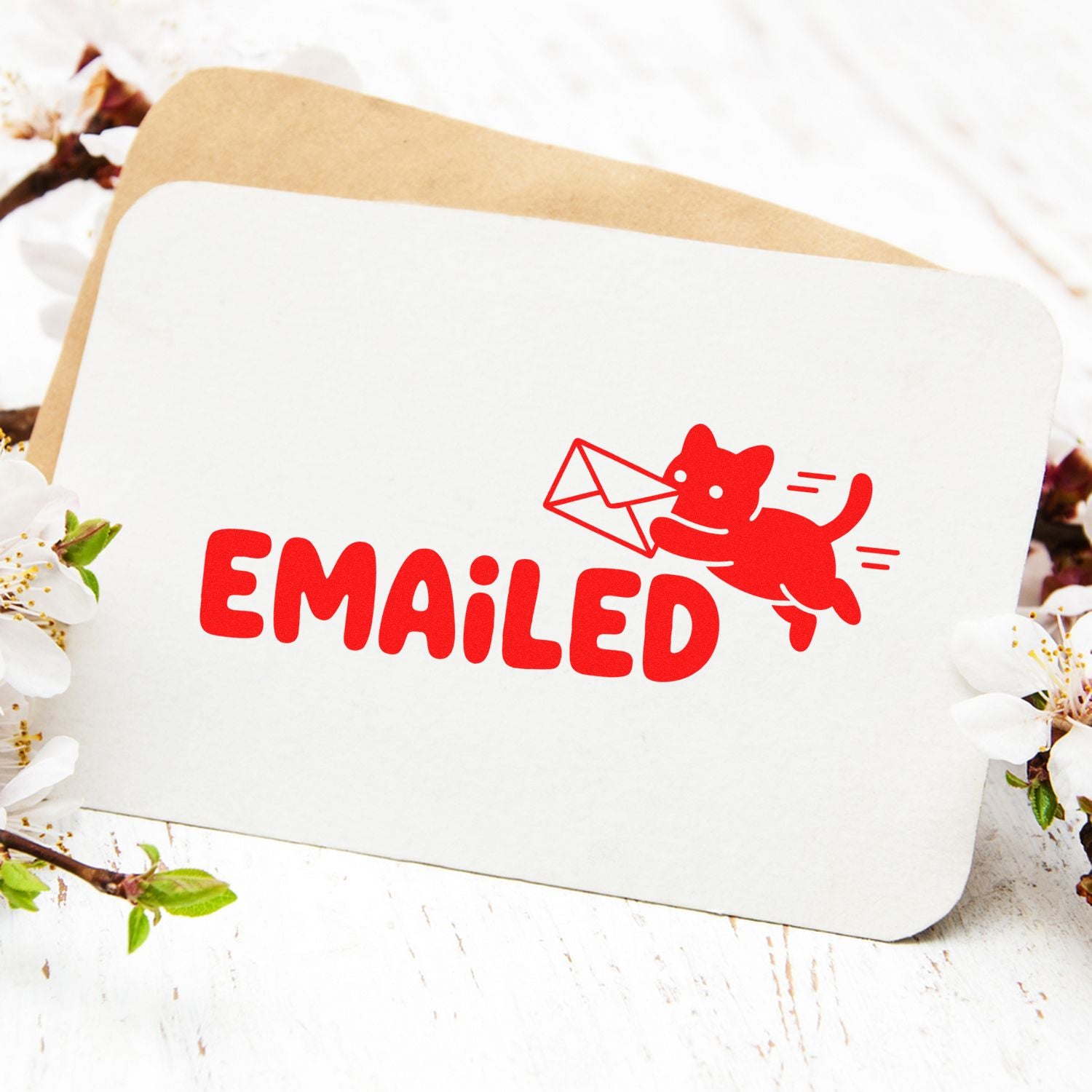 Red Emailed stamp seal with cat carrying envelope on white card, layered over a kraft envelope with floral accents.