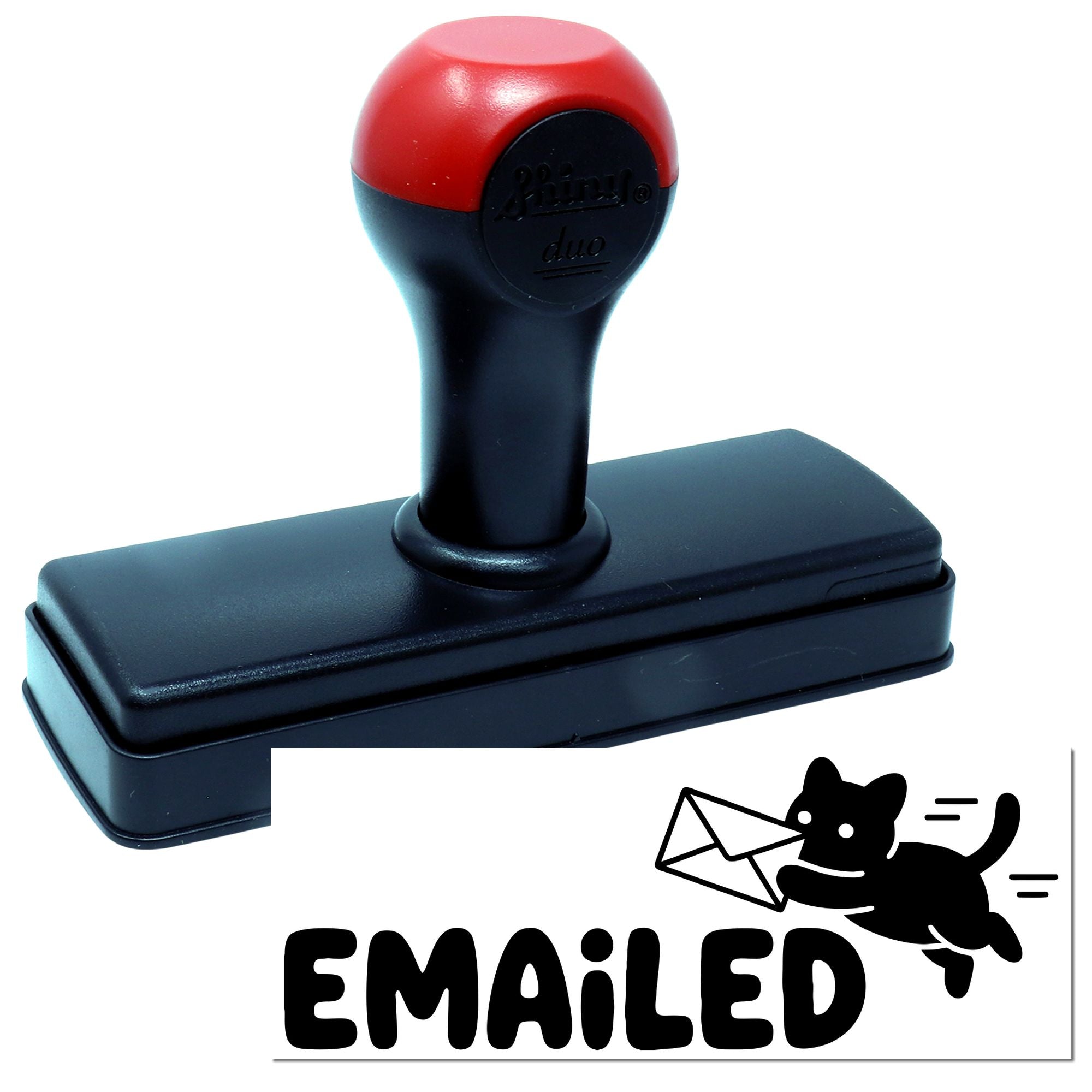 Red and black self-inking stamp with rectangular base and EMAILED seal logo featuring a cat carrying an envelope.