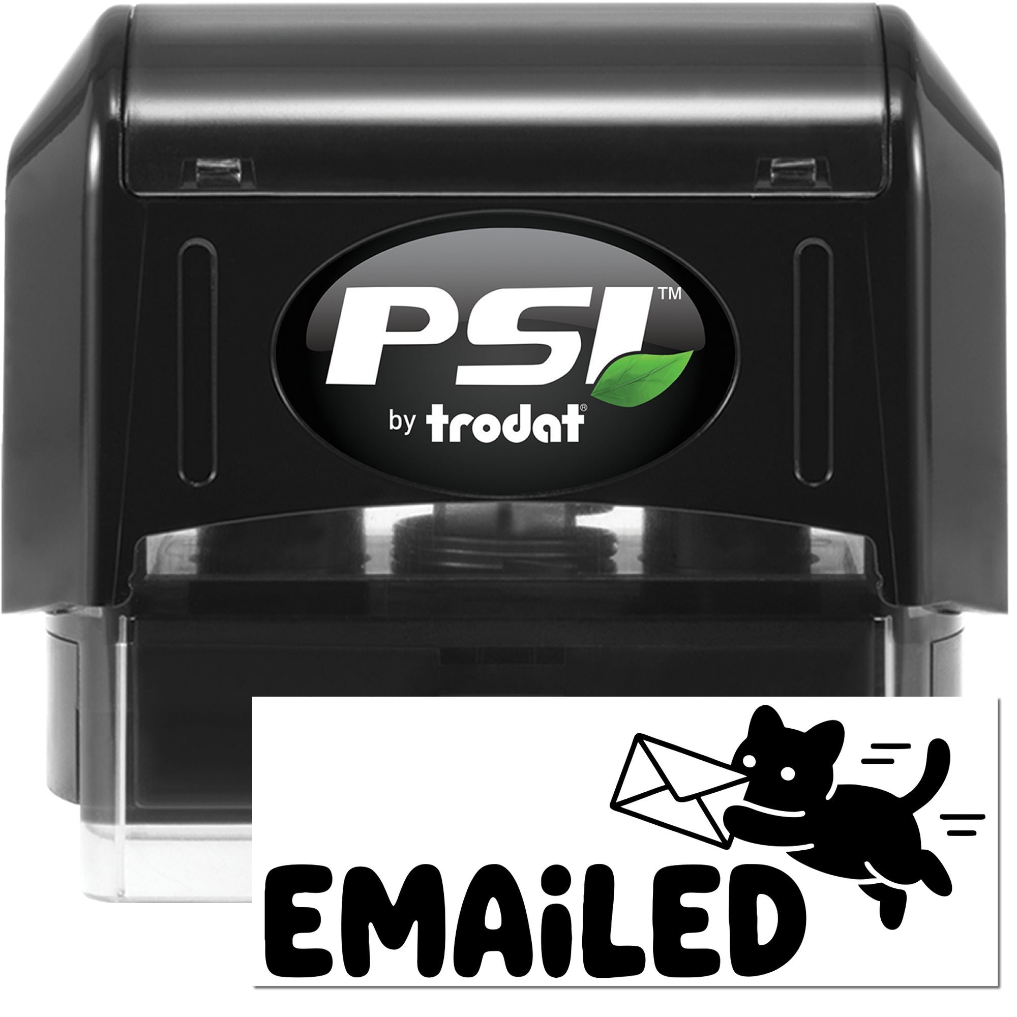 Black PSI by Trodat self-inking stamp with green leaf logo and Emailed seal graphic in black and white.