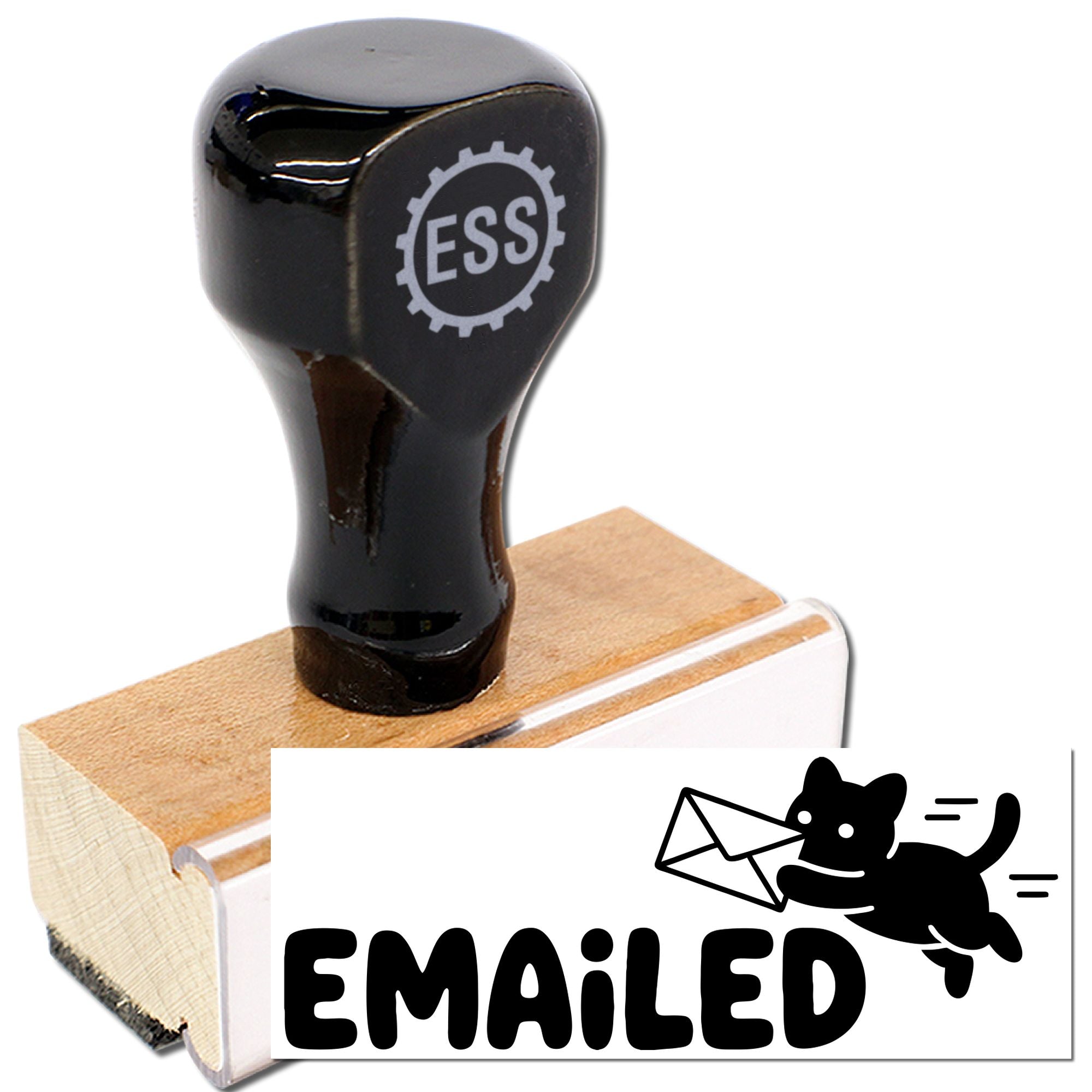 Black and brown rubber stamp with EMAILED seal graphic and cat icon on wooden base.