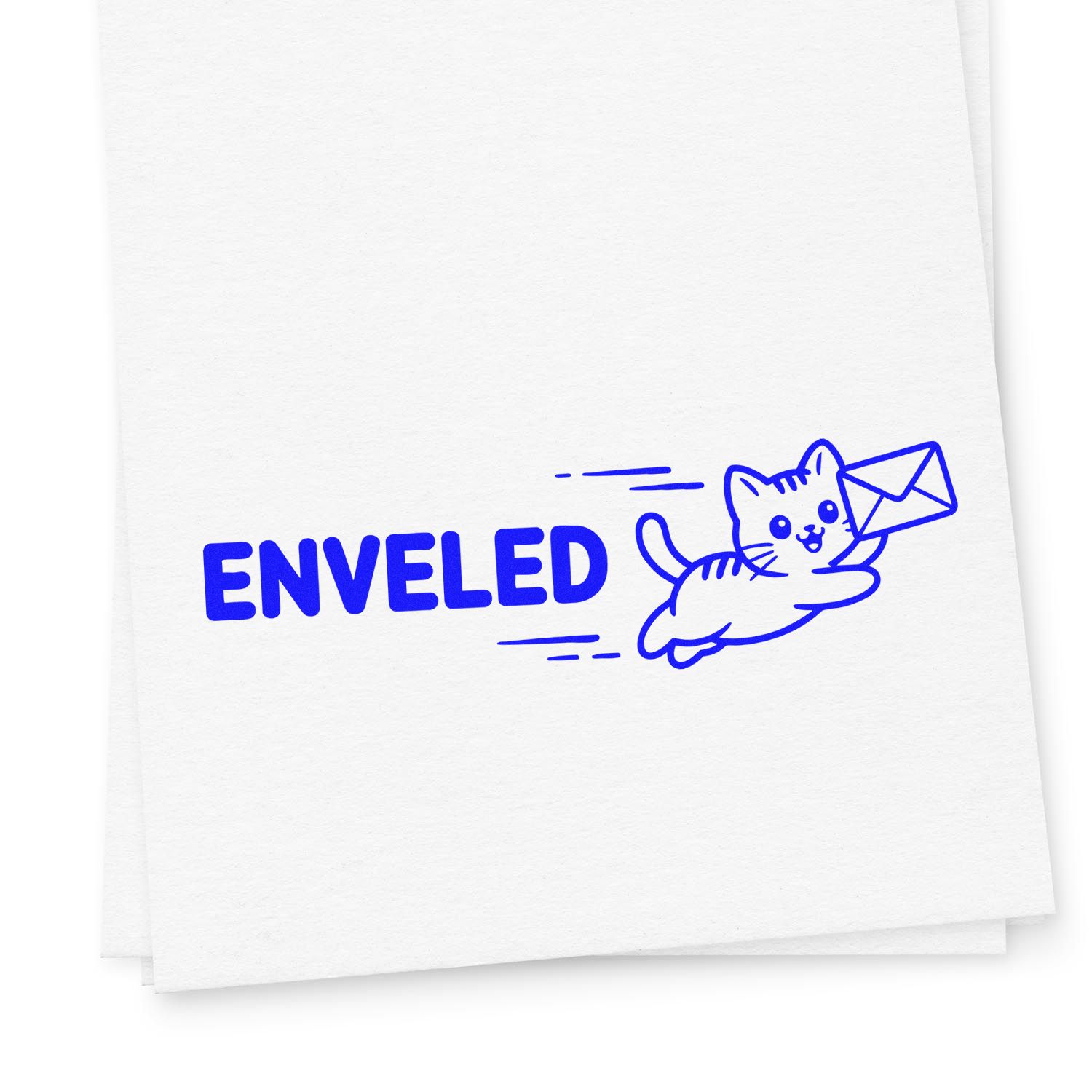 Blue ENVELED stamp seal with a running cat carrying an envelope on white paper.