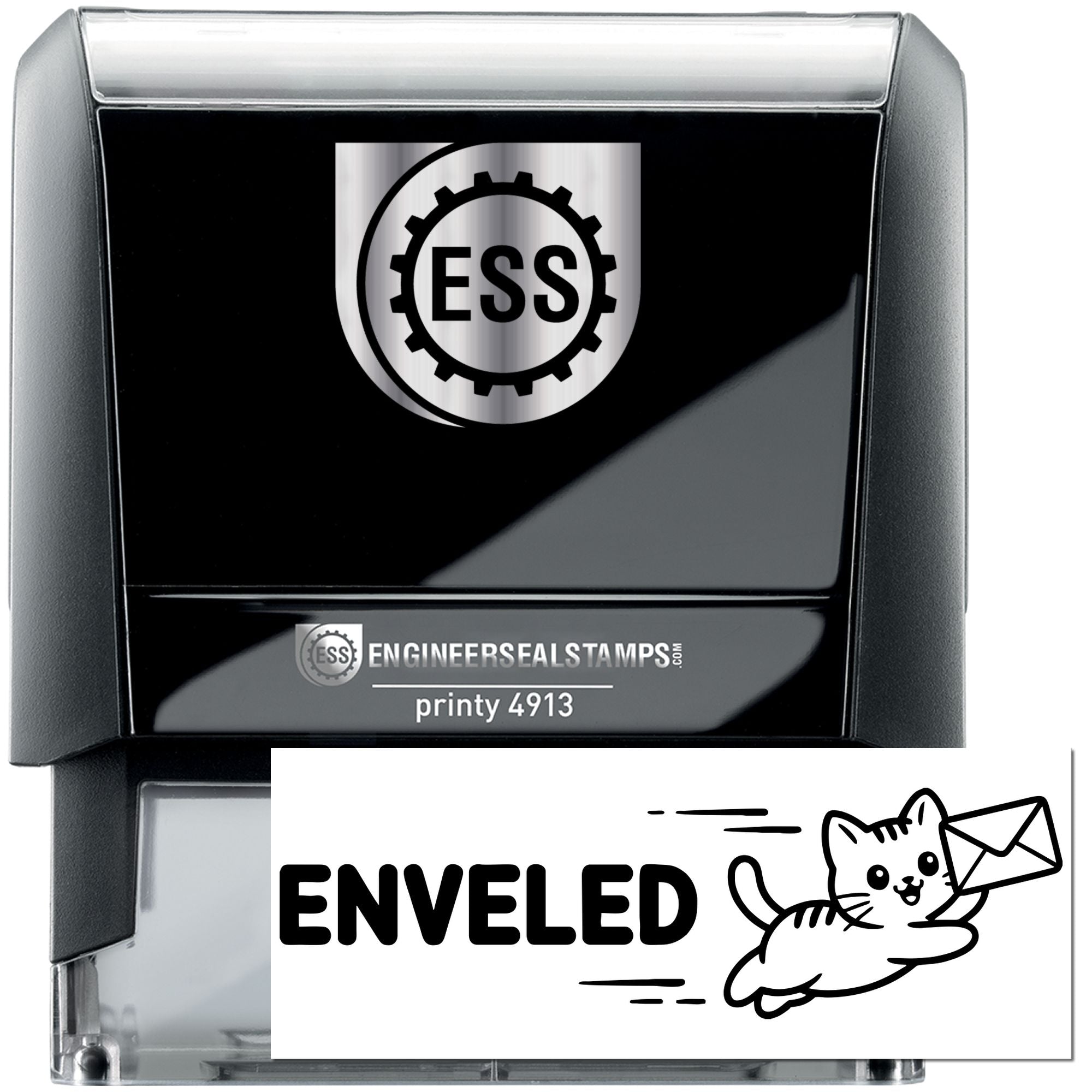 Black self-inking ESS stamp and seal with silver accents, Printy 4913, featuring an envelope cat design.