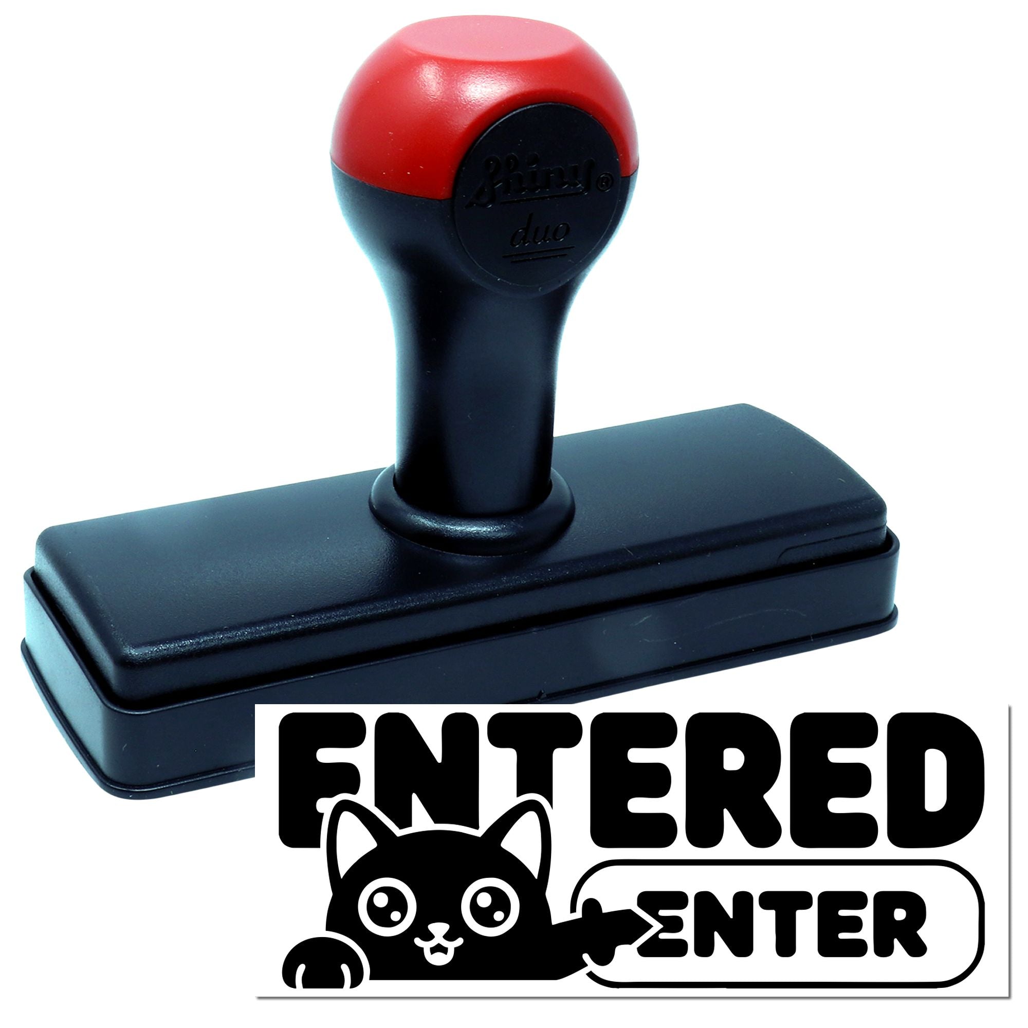 Red and black self-inking stamp and seal with ENTERED imprint and cat graphic on a white background.