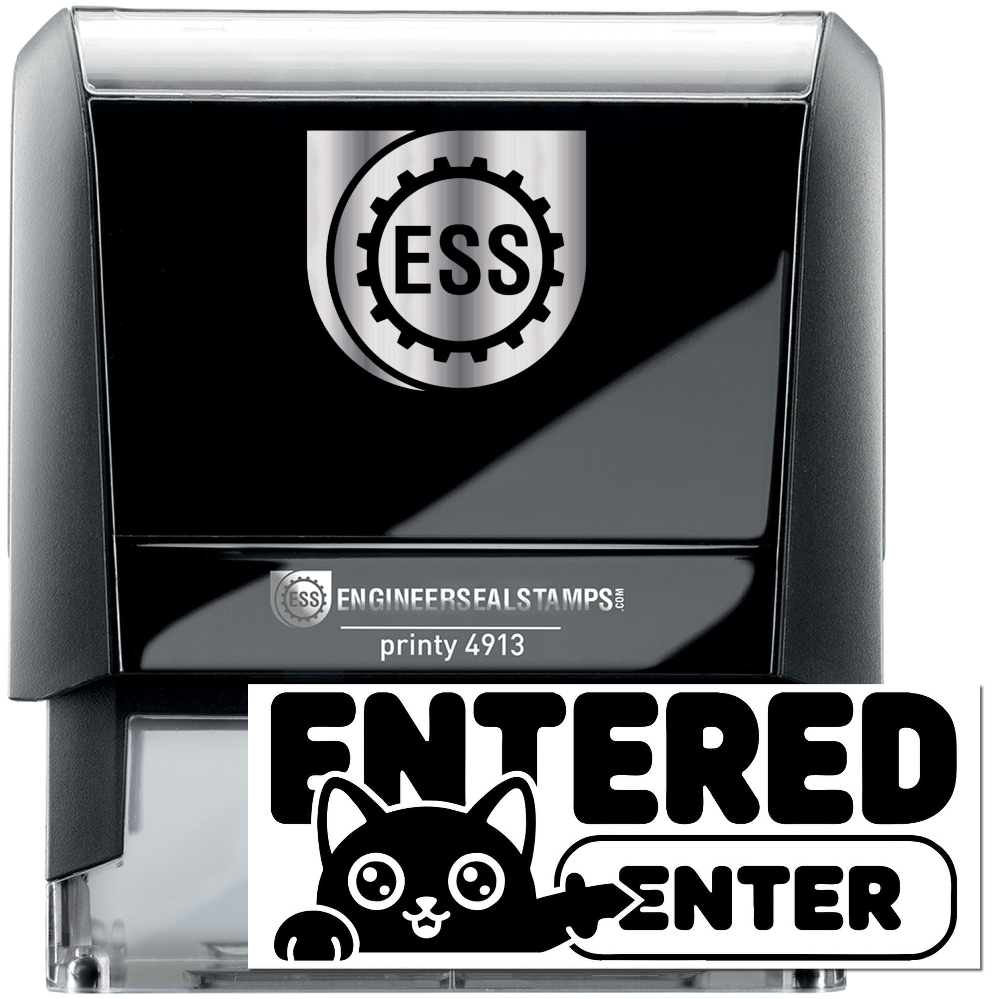 Black and gray ESS self-inking stamp and seal with silver logo, printy 4913, and ENTERED label.