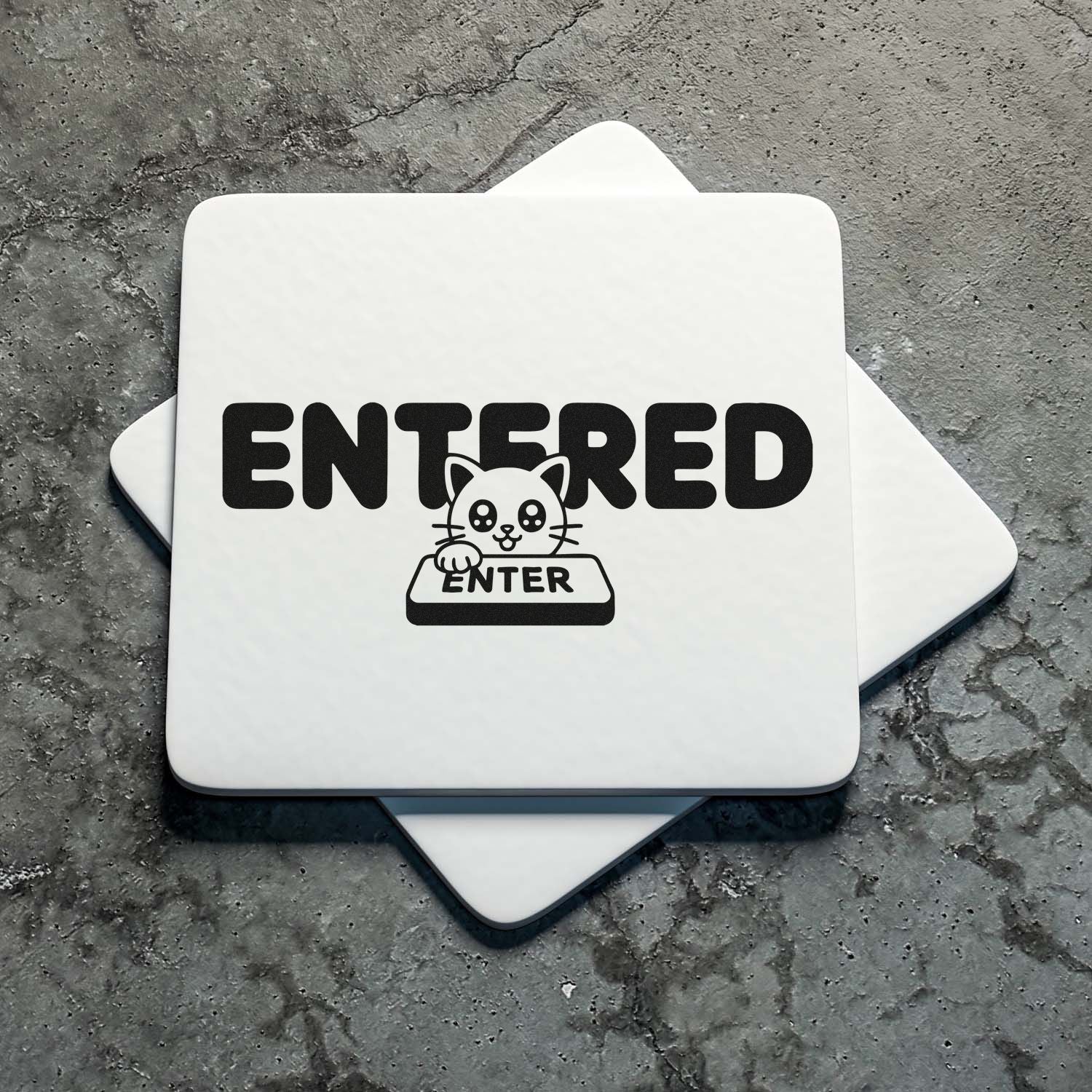 White stamp and seal products with black ENTERED cat ENTER design on gray textured background.