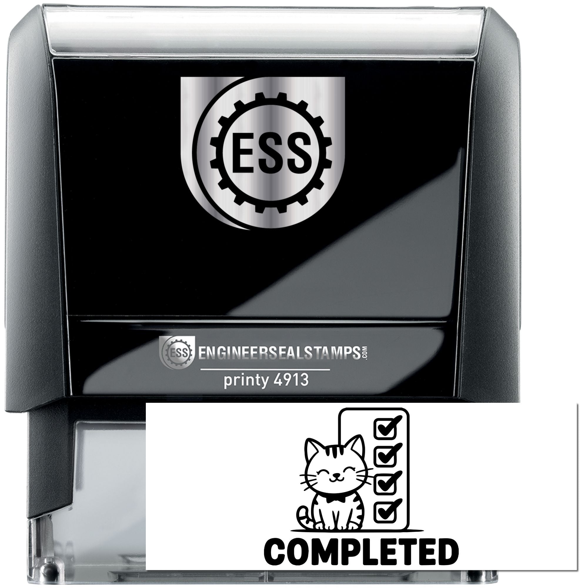 Black and silver ESS self-inking stamp and seal, with gear logo, printy 4913 label, and completed checklist design.