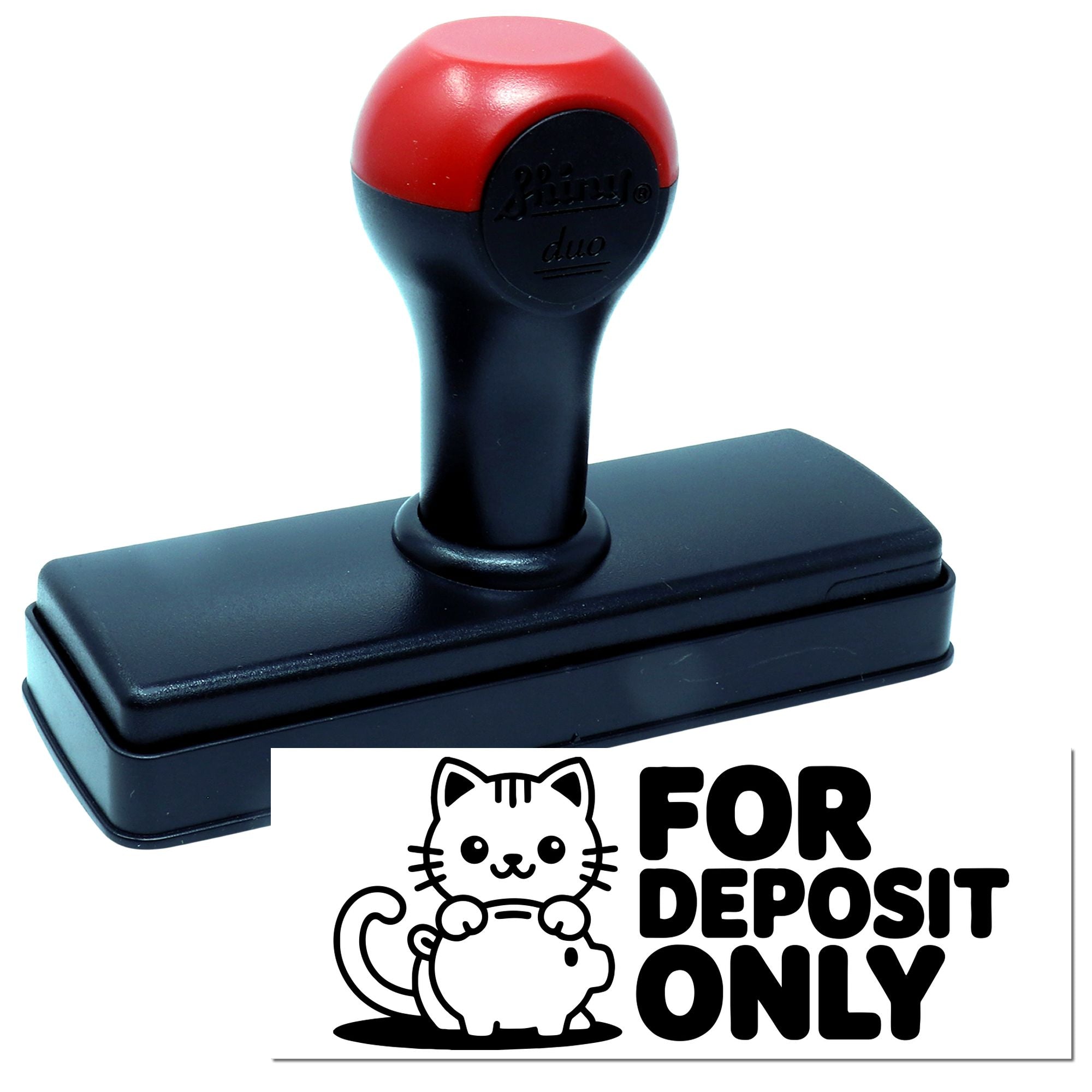 Black and red self-inking stamp seal with cat and piggy bank, reading FOR DEPOSIT ONLY.
