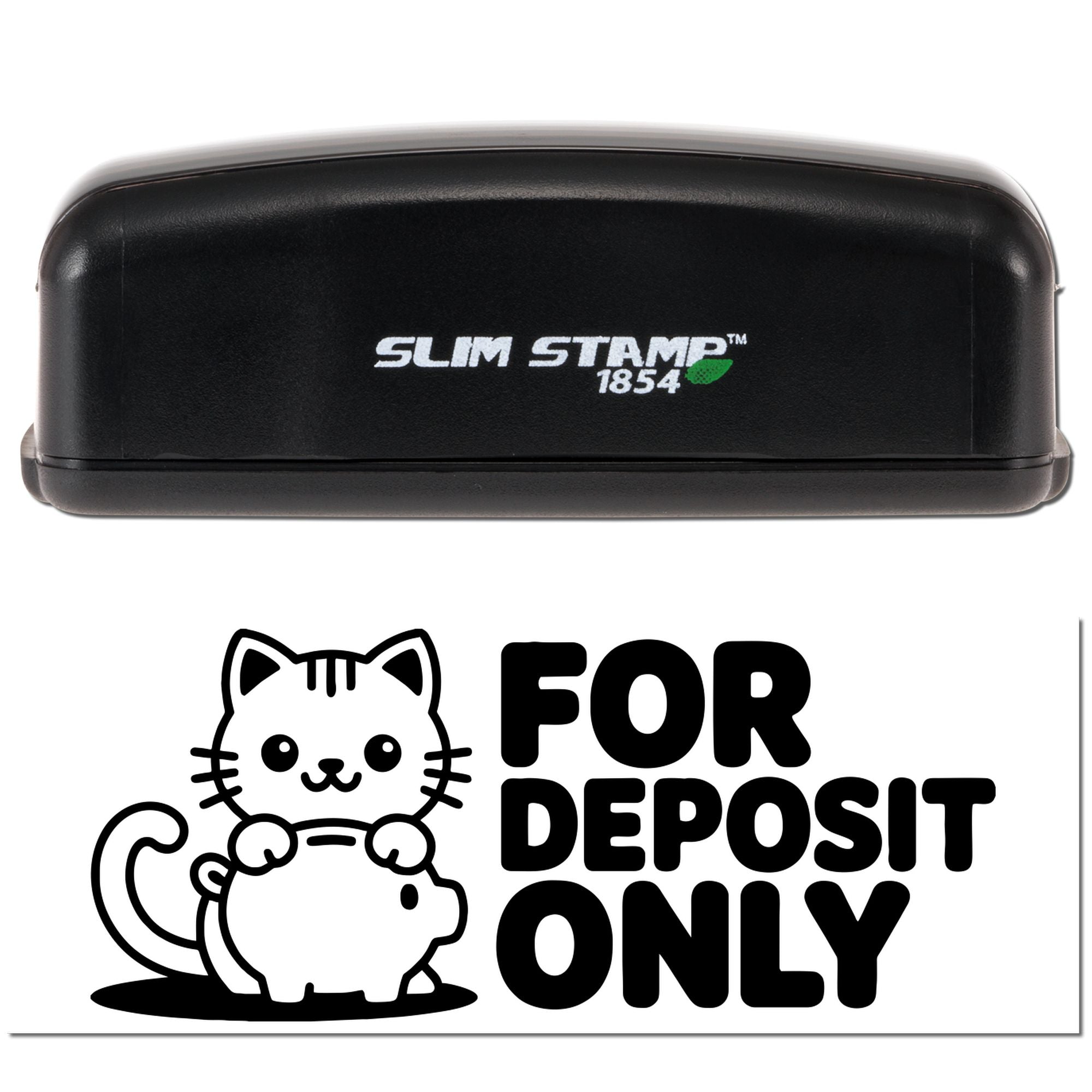 Black Slim Stamp 1854 self-inking stamp and cat FOR DEPOSIT ONLY bank deposit seal on white background
