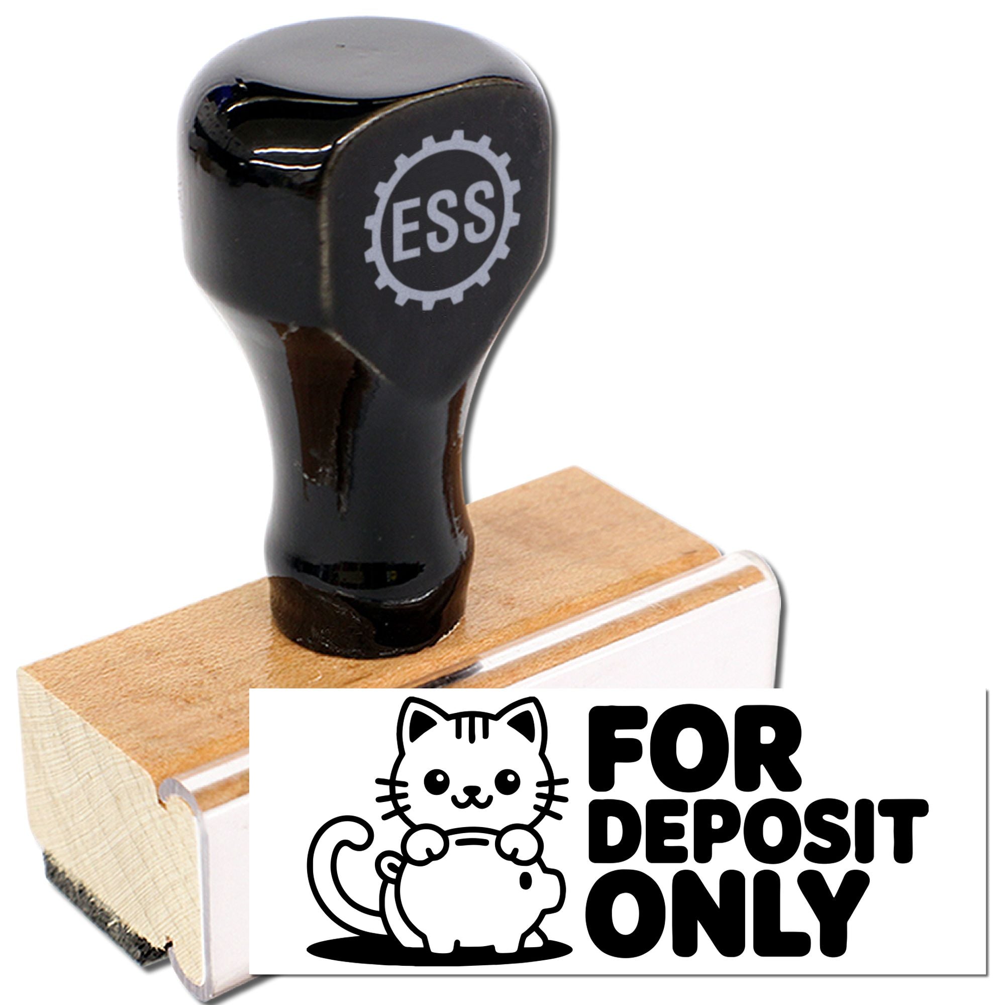 Black ESS rubber stamp on wooden mount with white FOR DEPOSIT ONLY seal design