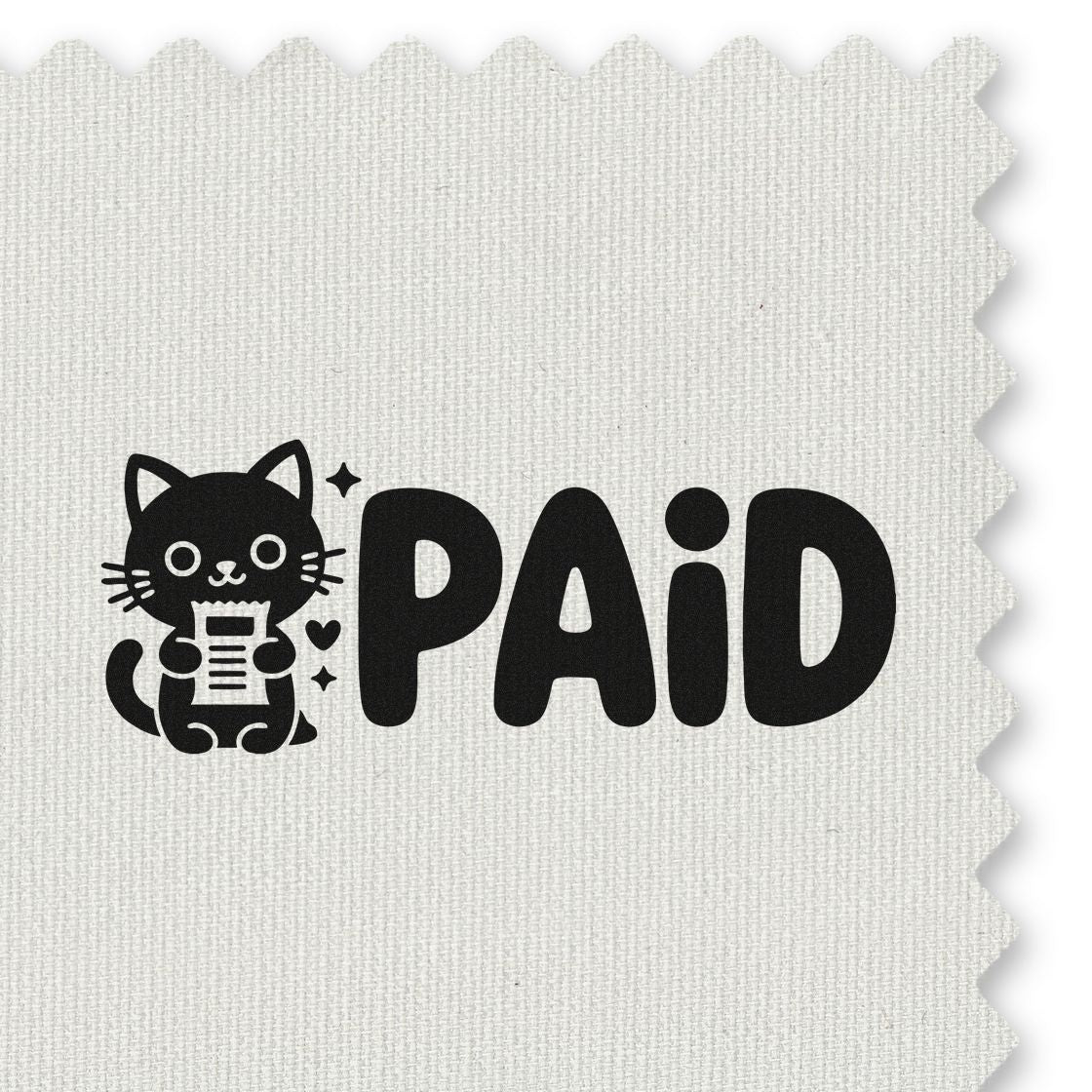 Black PAID stamp with cute cat holding receipt on white textured paper swatch with scalloped edges.