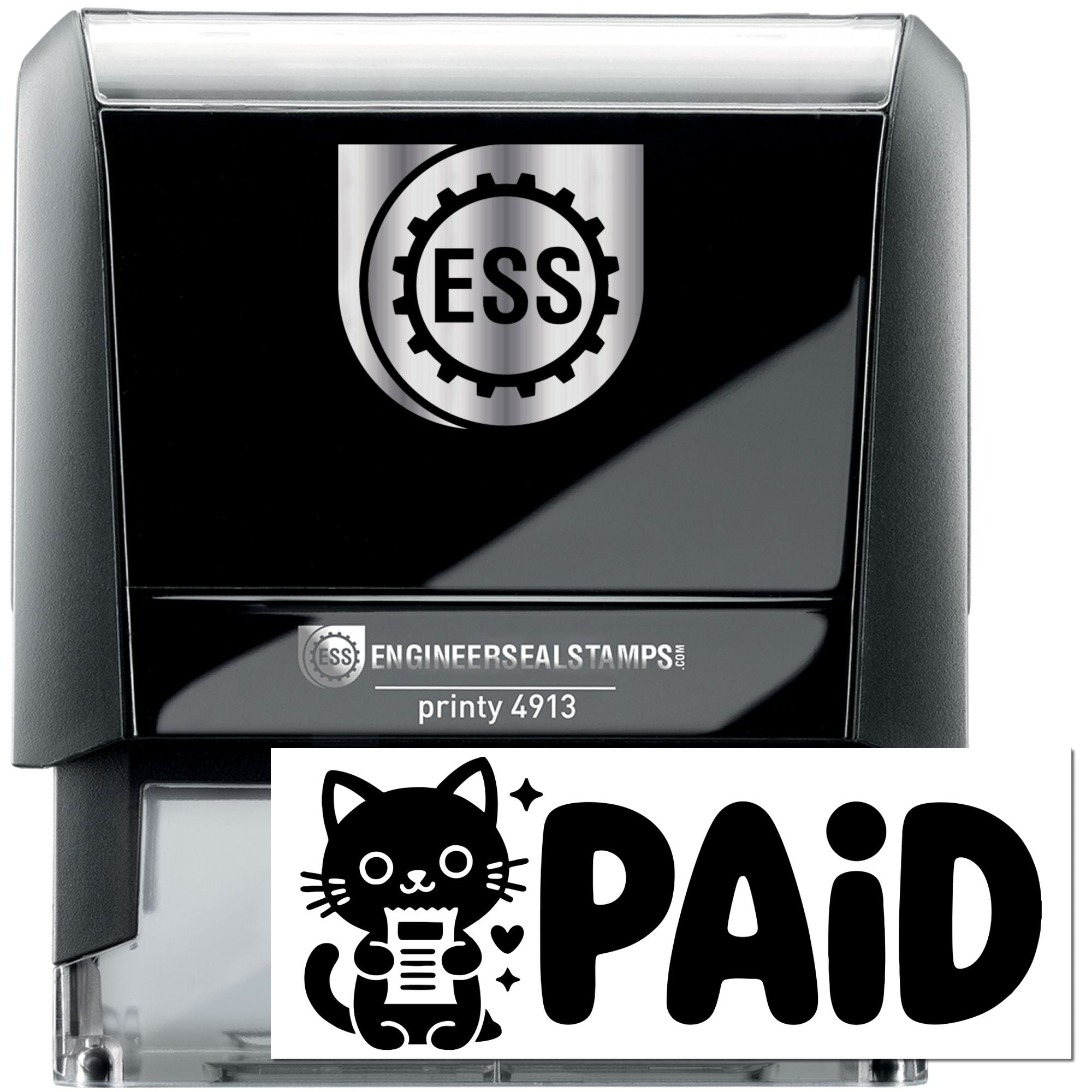 Black self-inking engineer seal stamp with silver ESS logo and white PAID seal insert