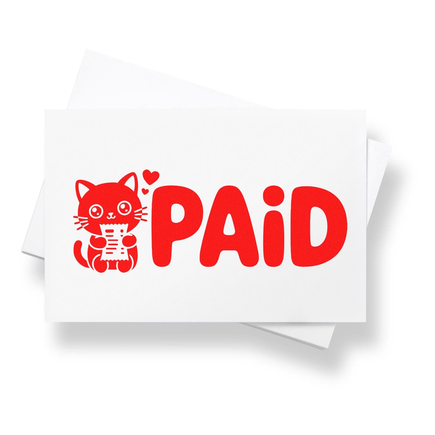 Red PAID stamp and seal with cute cat holding a receipt on white cards