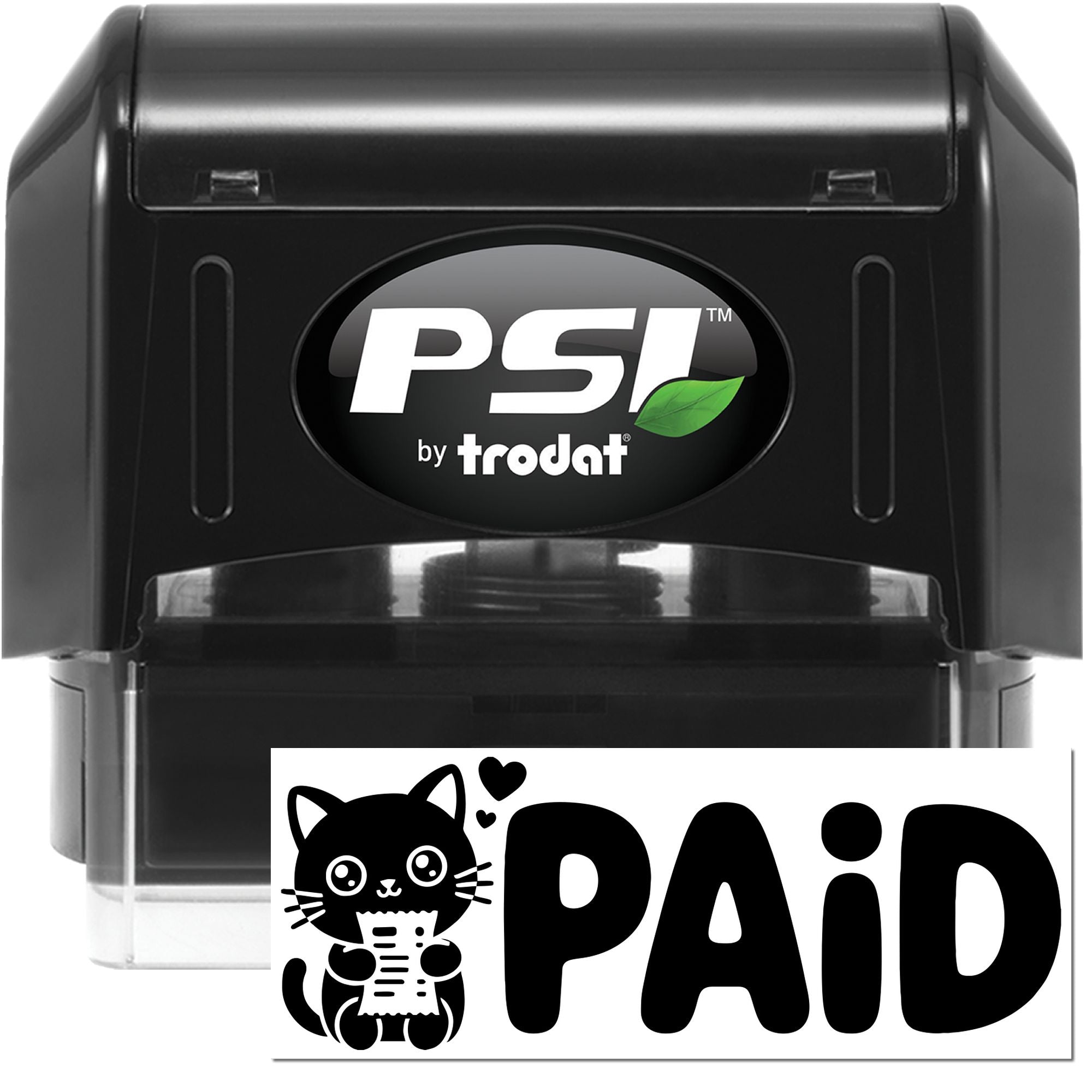 Black PSI by Trodat self-inking stamp with green leaf logo, showing a cat-themed PAID seal in black on white.