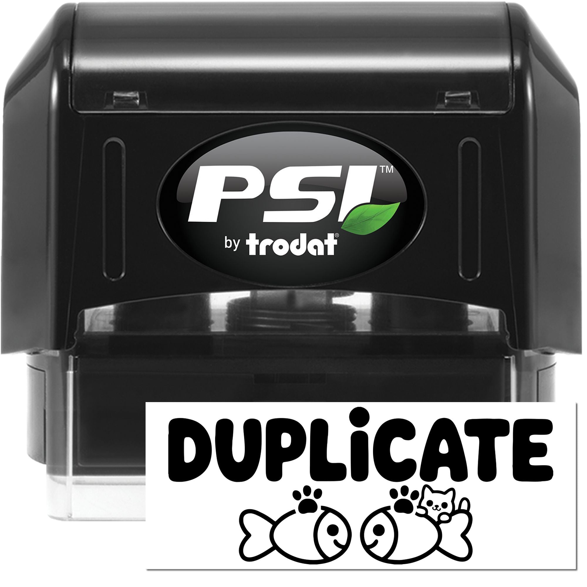 Black PSI by Trodat self-inking stamp and seal with white DUPLICATE insert and fish graphic.