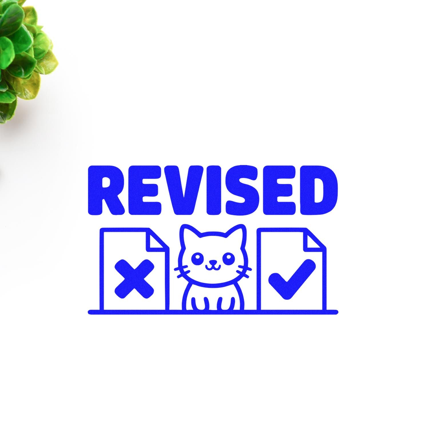 Blue REVISED stamp seal with cat between crossed and approved document icons on a white background.