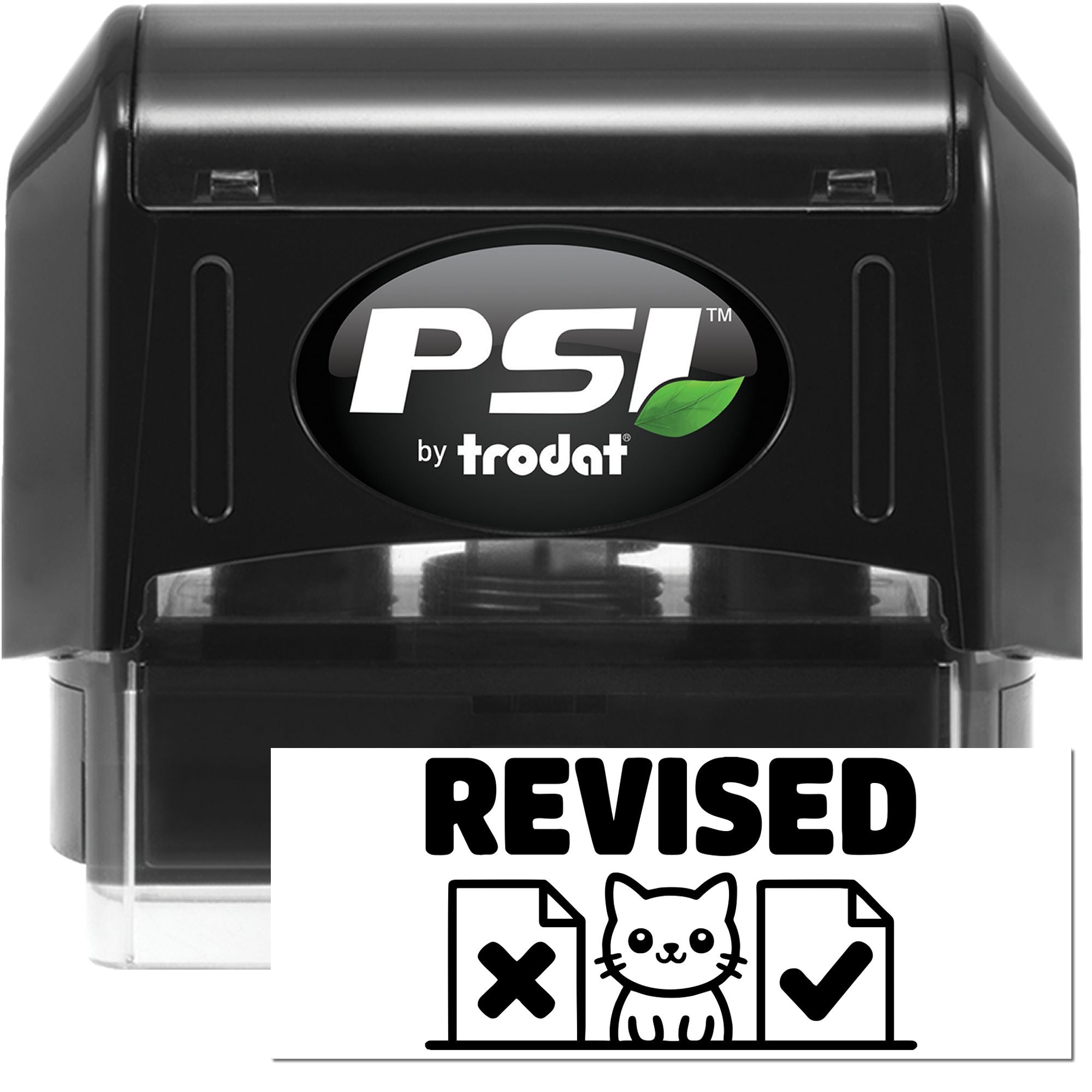 Black PSI by Trodat self-inking stamp with green leaf logo and bold REVISED seal marking.