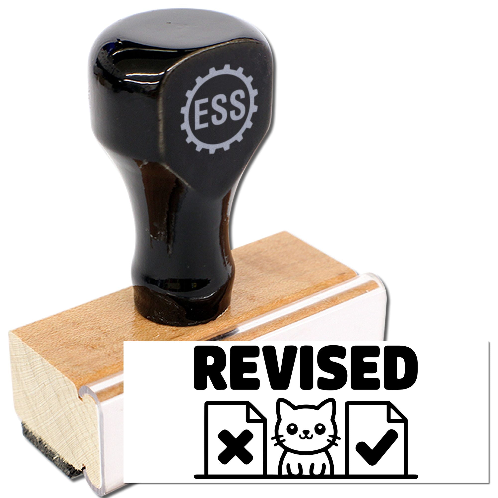 Black ESS rubber stamp with wooden handle and revised seal graphic, showing X, check, and cat icons.