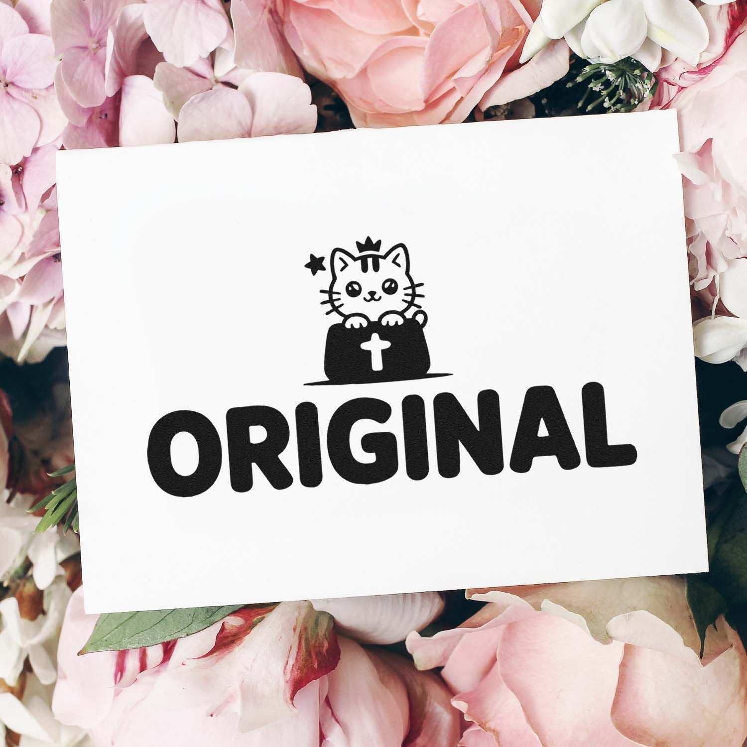 Black ORIGINAL stamp and seal with cute cat icon on white card, surrounded by soft pink and white flowers.