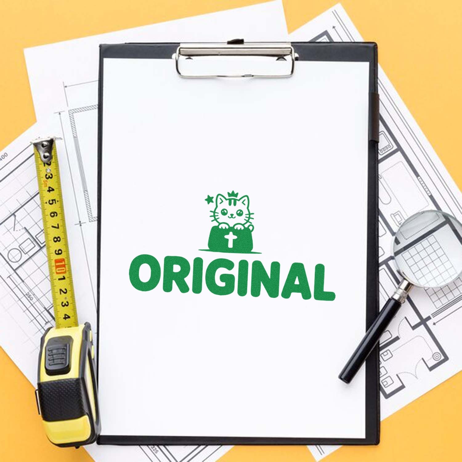 Green ORIGINAL stamp on clipboard with cat seal, beside yellow tape measure and magnifying glass on blueprint papers.