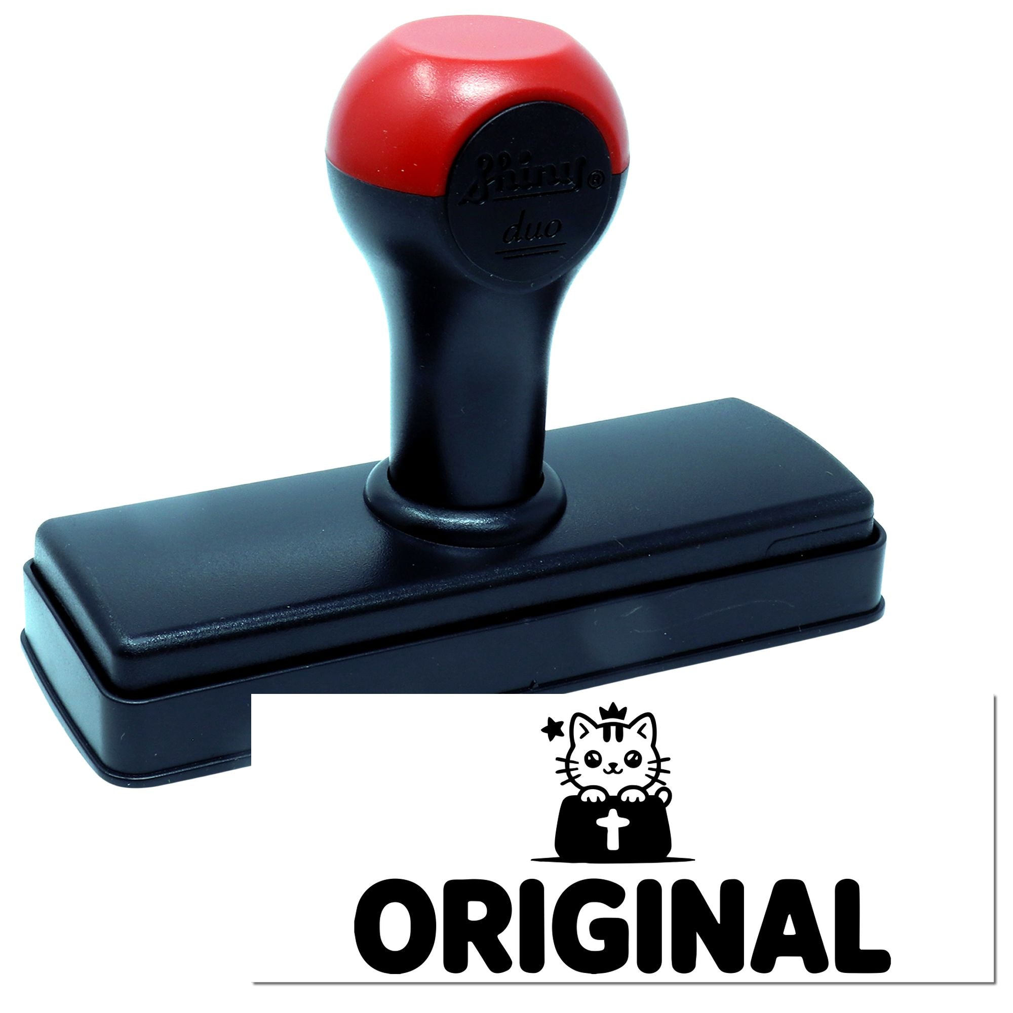 Red and black self-inking stamp with cat logo and bold ORIGINAL seal on white background.