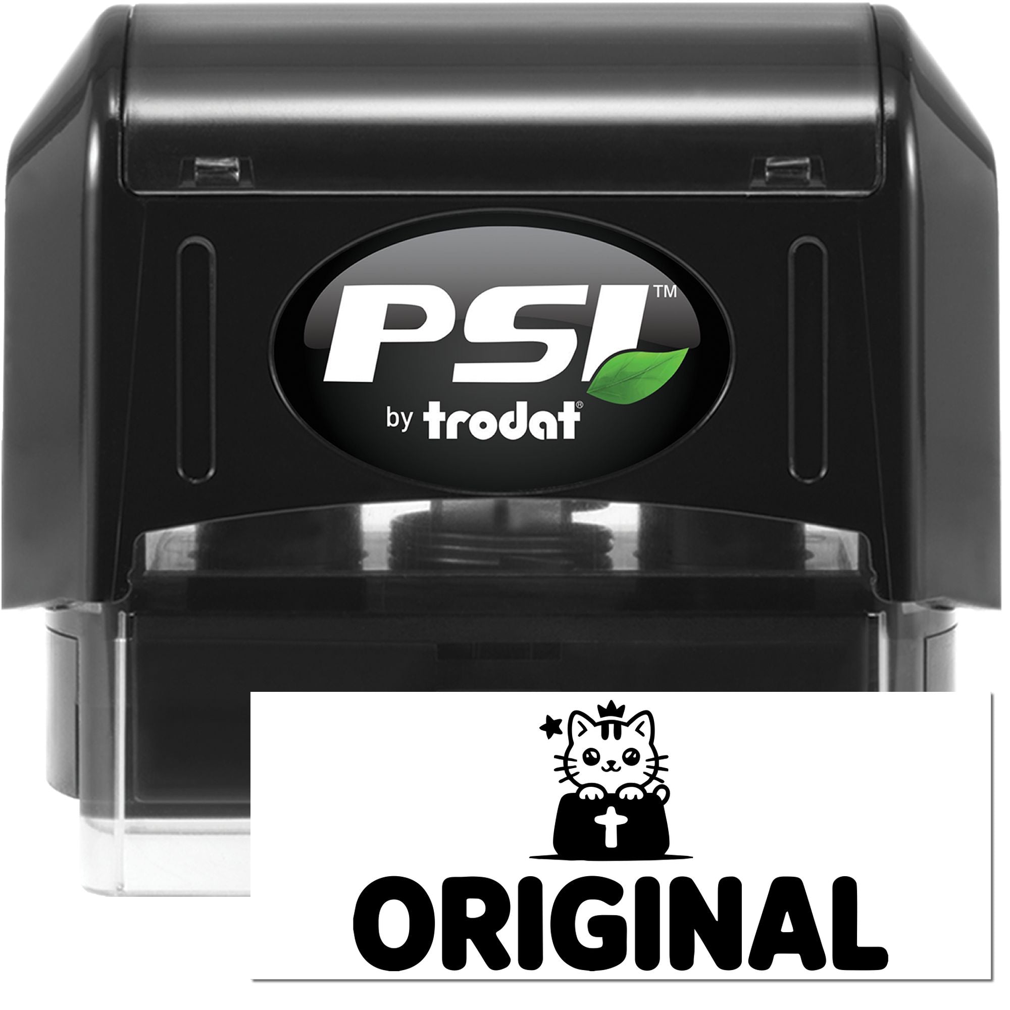Black PSI by Trodat self-inking stamp with clear base and white Original seal insert, featuring a cat logo.