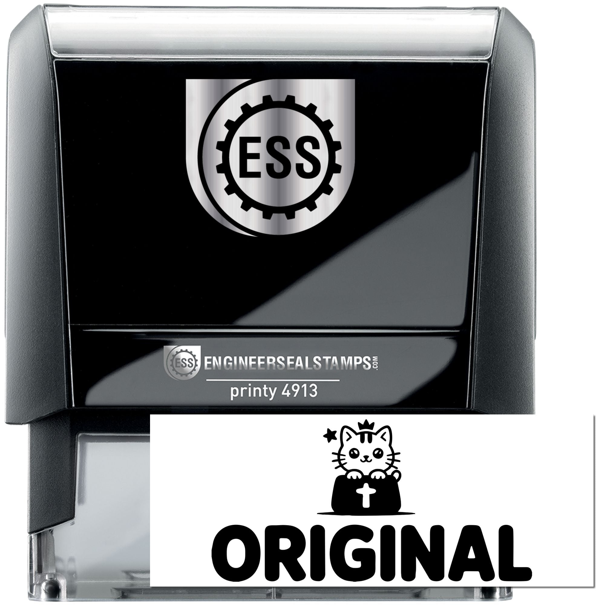 Black and silver self-inking engineer seal stamp with ESS logo and Original marking.