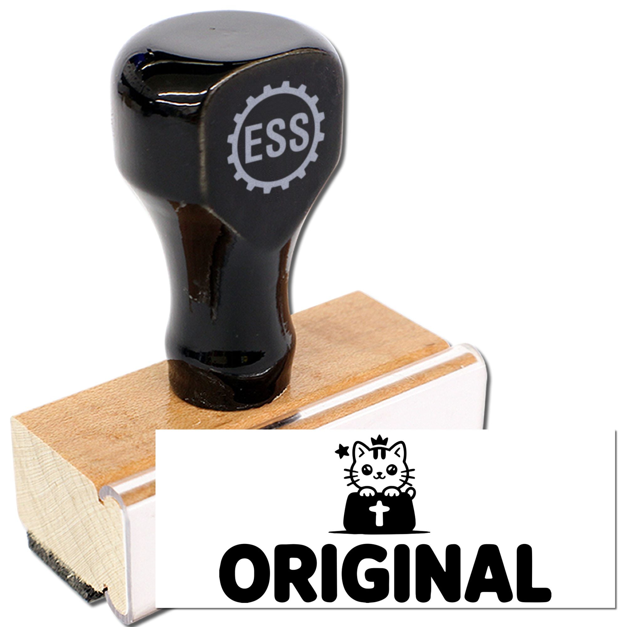 Black rubber seal stamp with ESS logo on wooden base, showing bold ORIGINAL imprint and cat icon.