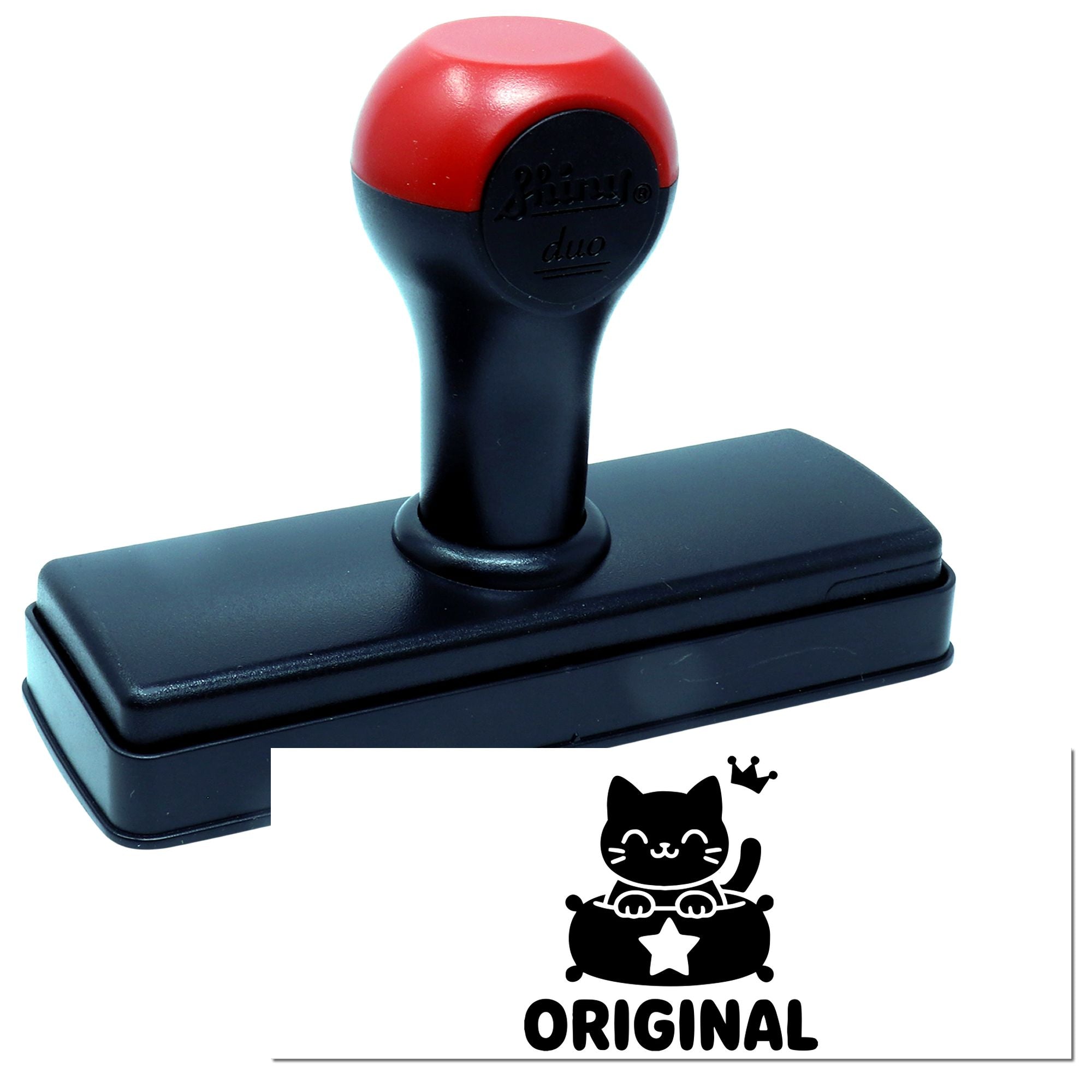 Red and black self-inking stamp and seal with rectangular base, featuring a cat logo and ORIGINAL label.