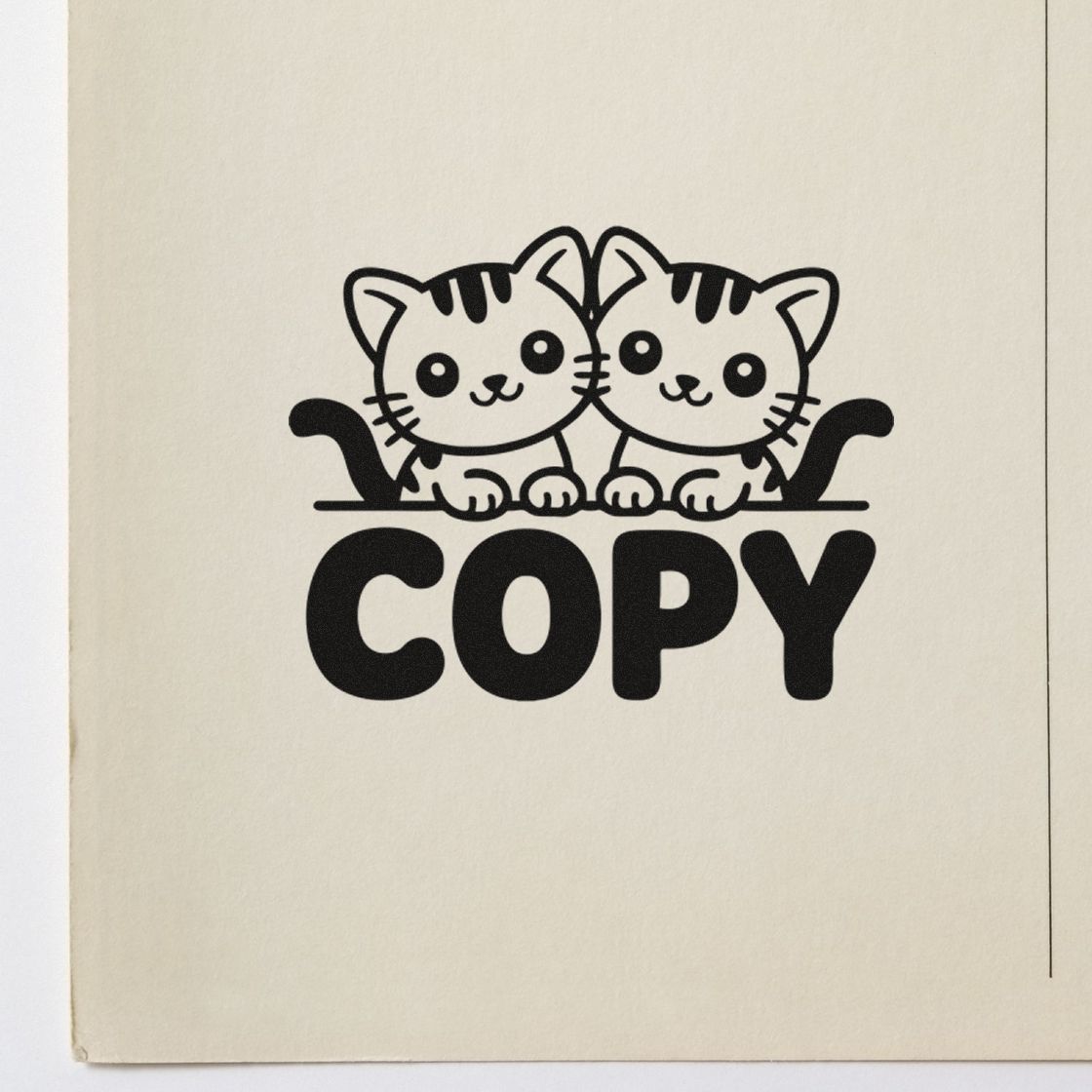 Black cat stamp seal with two kittens above bold COPY on cream paper.