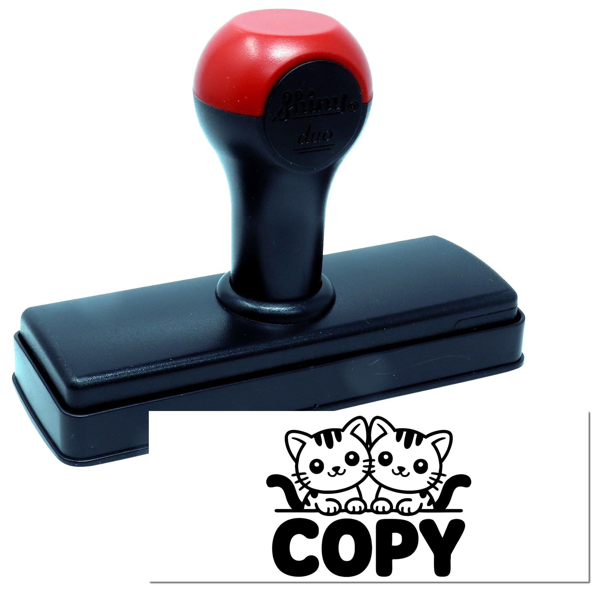 Black and red self-inking rubber stamp with cat-themed COPY seal impression on white background.