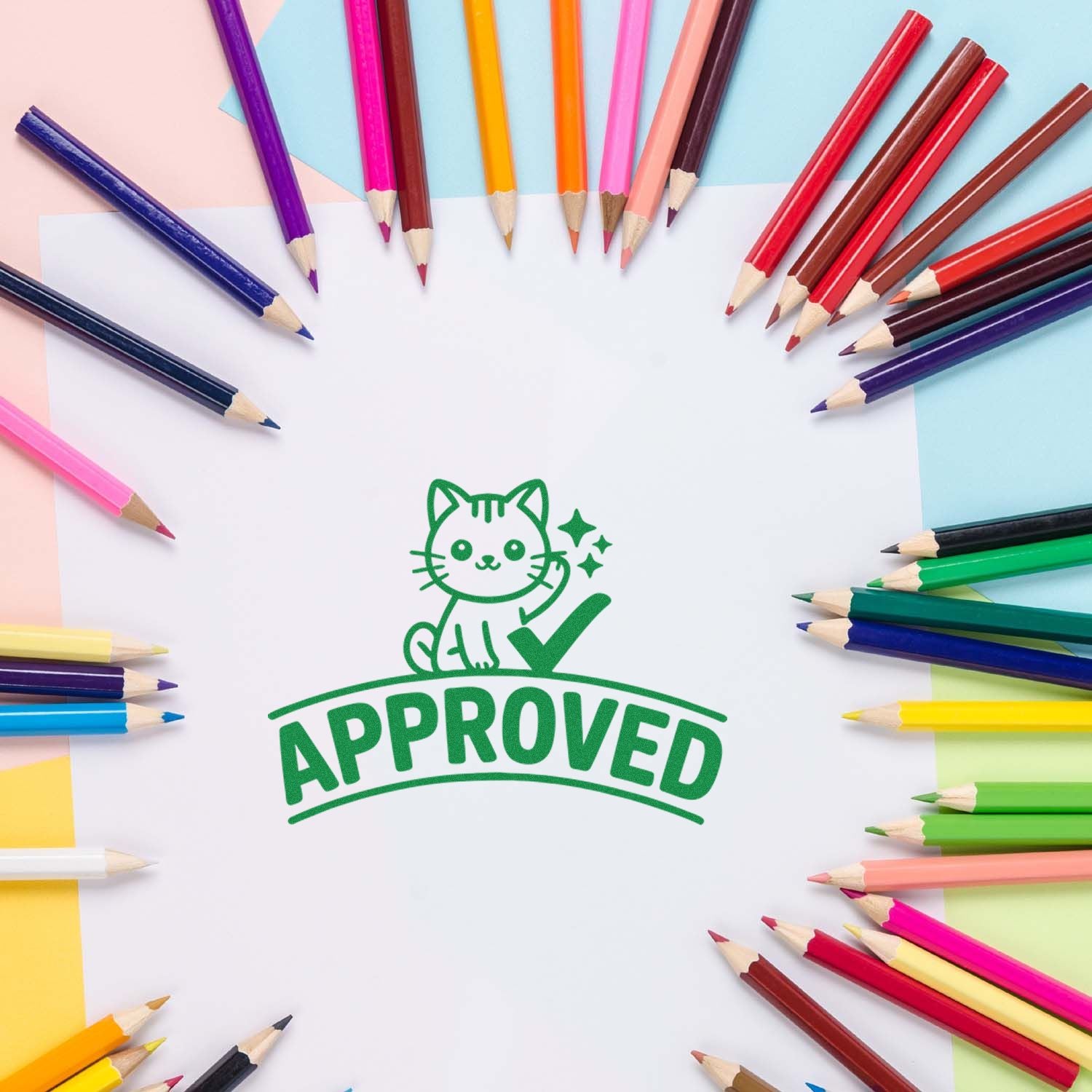Green approved stamp and seal with cat and checkmark, framed by colorful pencils on white paper